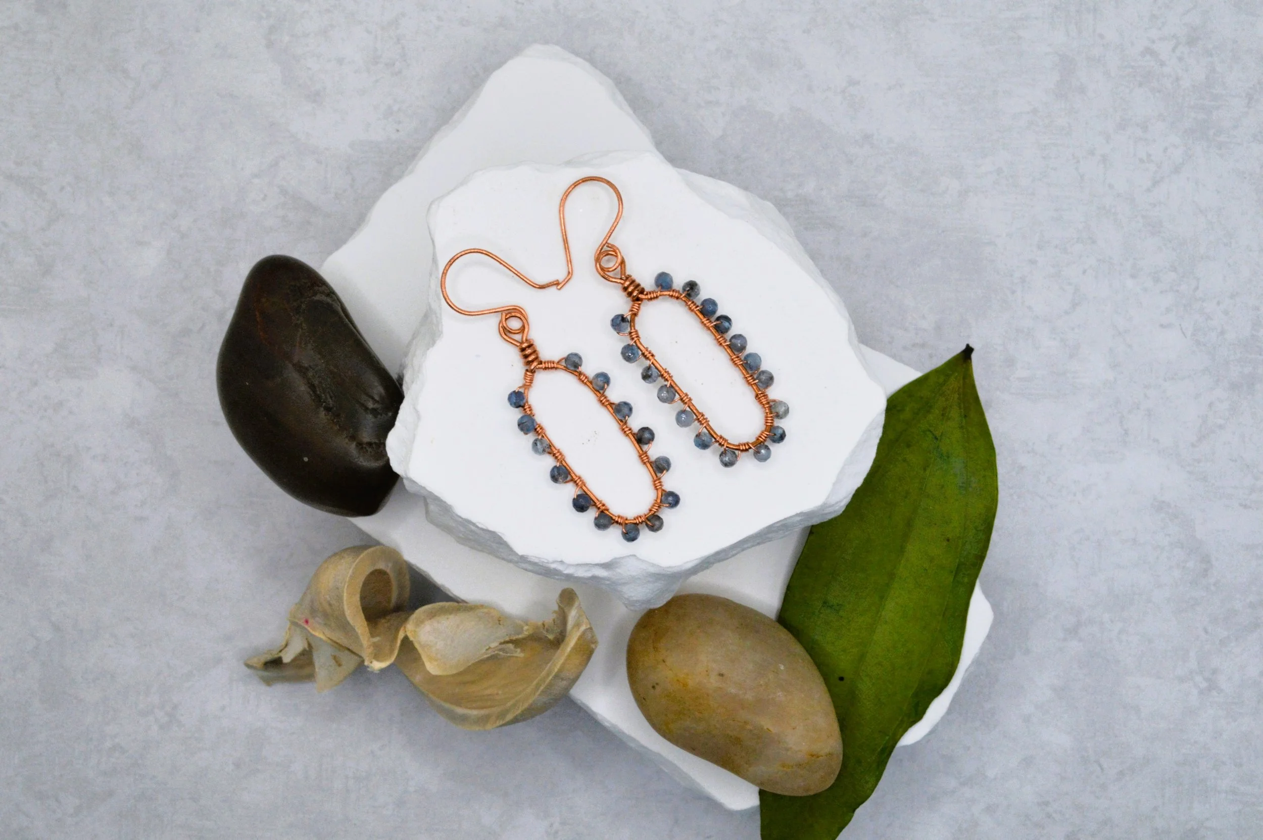 Handmade Oval Copper Hoop Dangle Earrings with Aquamarine Stones