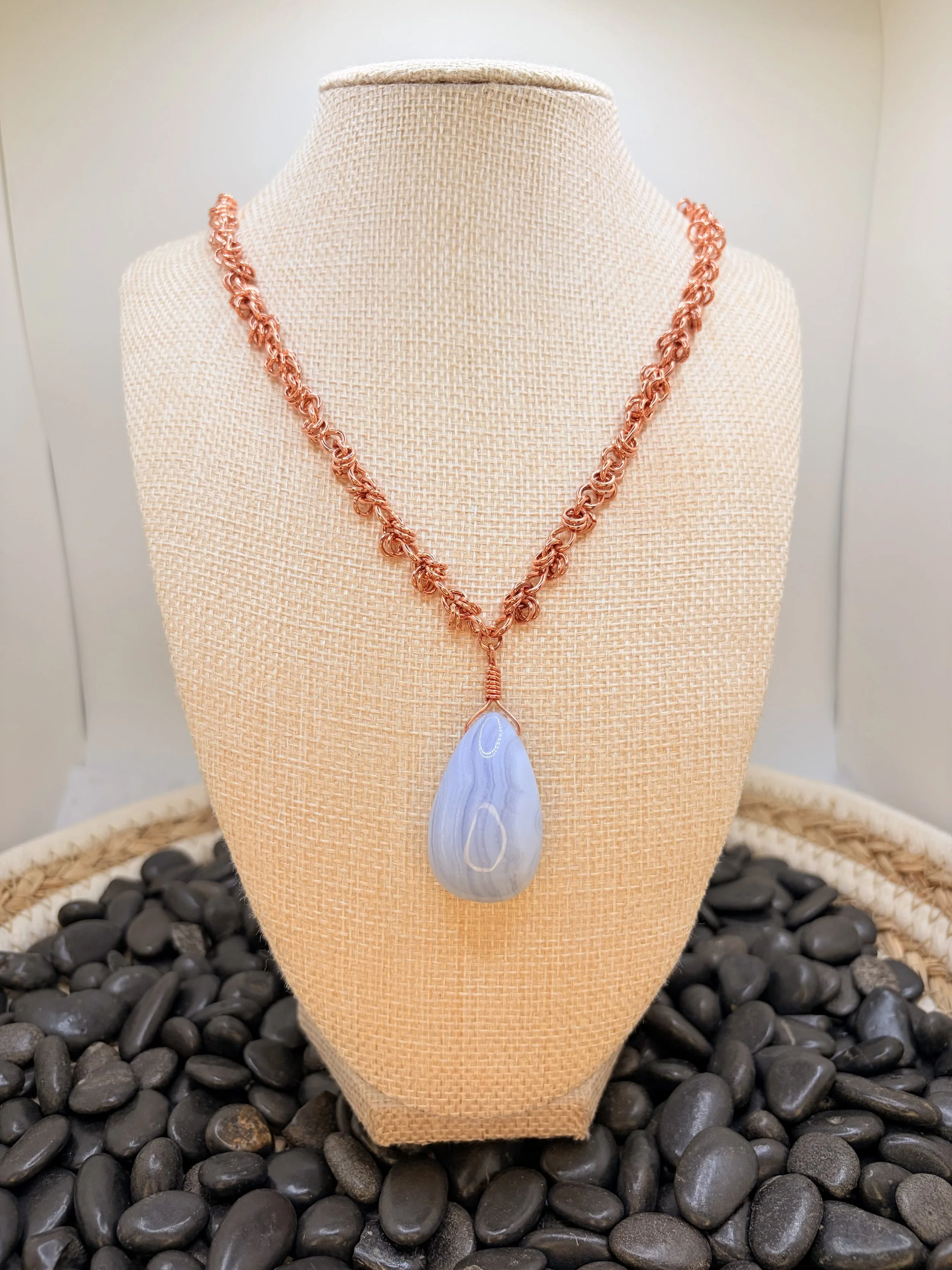 Copper chainmail necklace with a blue lace agate teardrop pendant