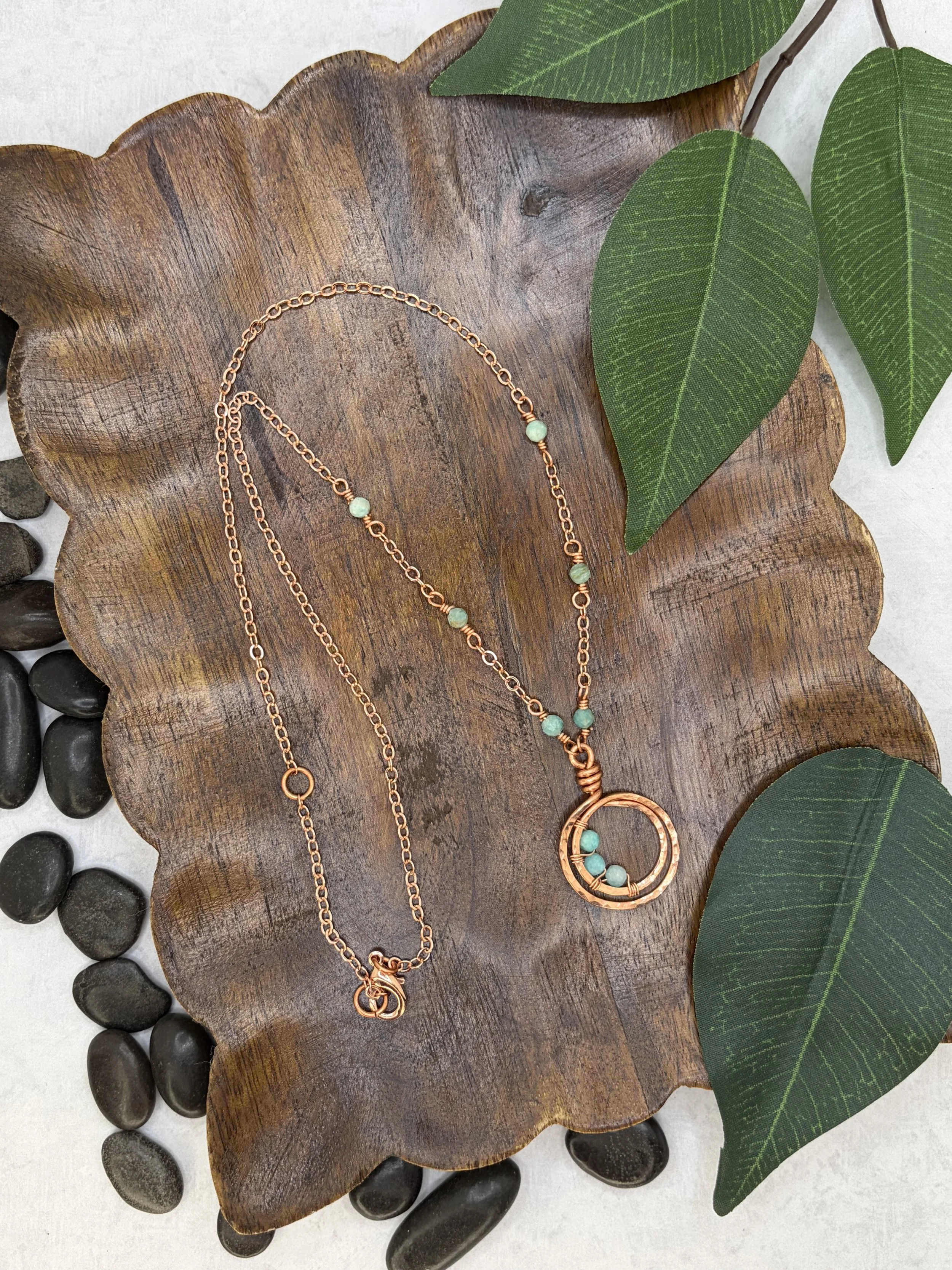 handmade copper chain necklace with amazonite beads and hammered double loop pendant