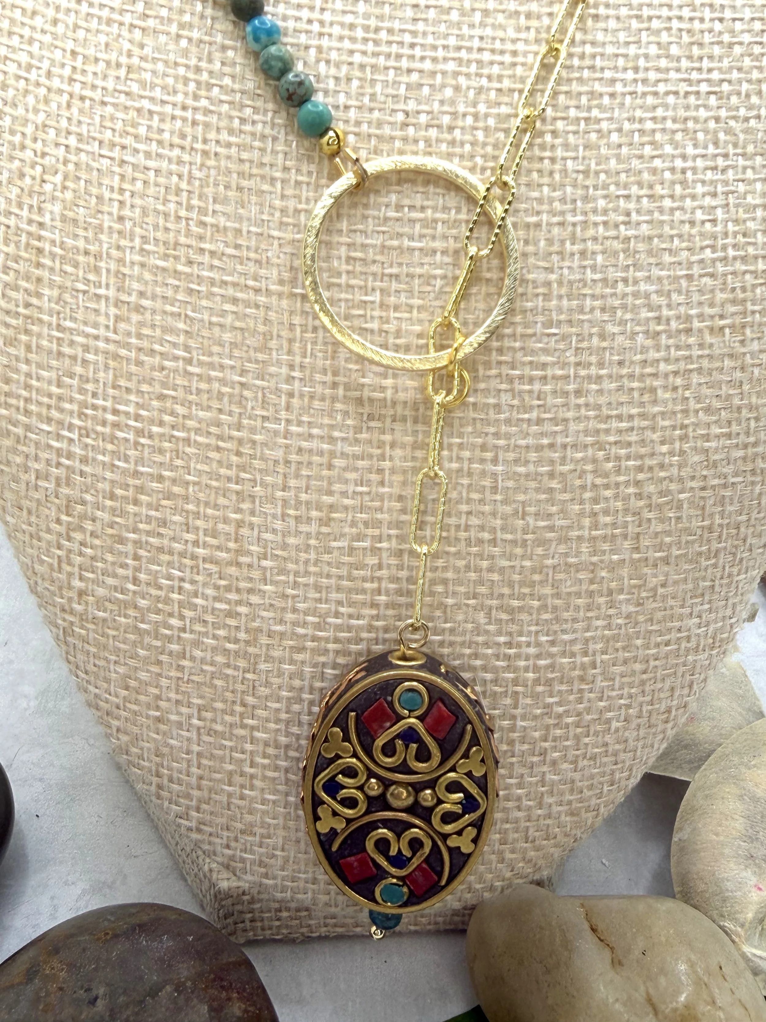 handmade asymmetrical necklace with Tibetan brass turquoise coral lapis inlay pendant and genuine turquoise beading