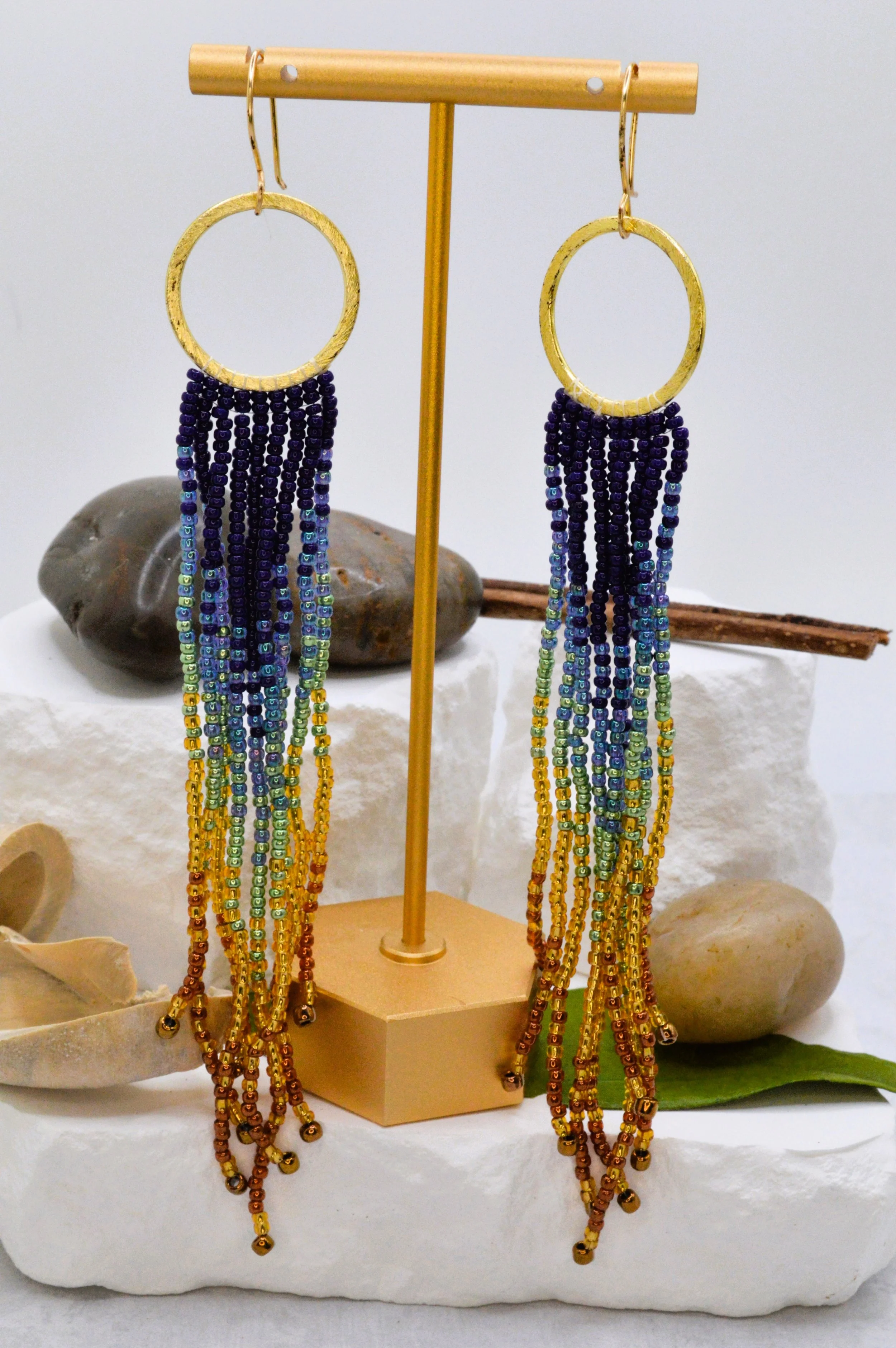 handmade seed bead fringe earrings on gold hoops, navy teal gold and copper ombre, gold-filled ear wire