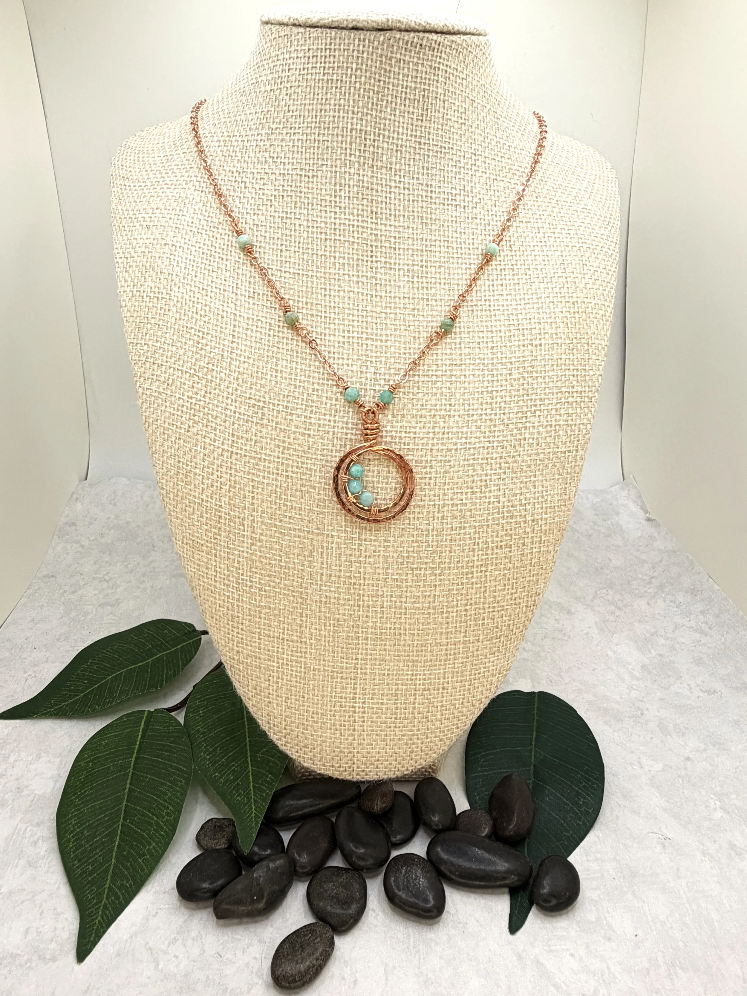 handmade copper chain necklace with amazonite beads and hammered double loop pendant
