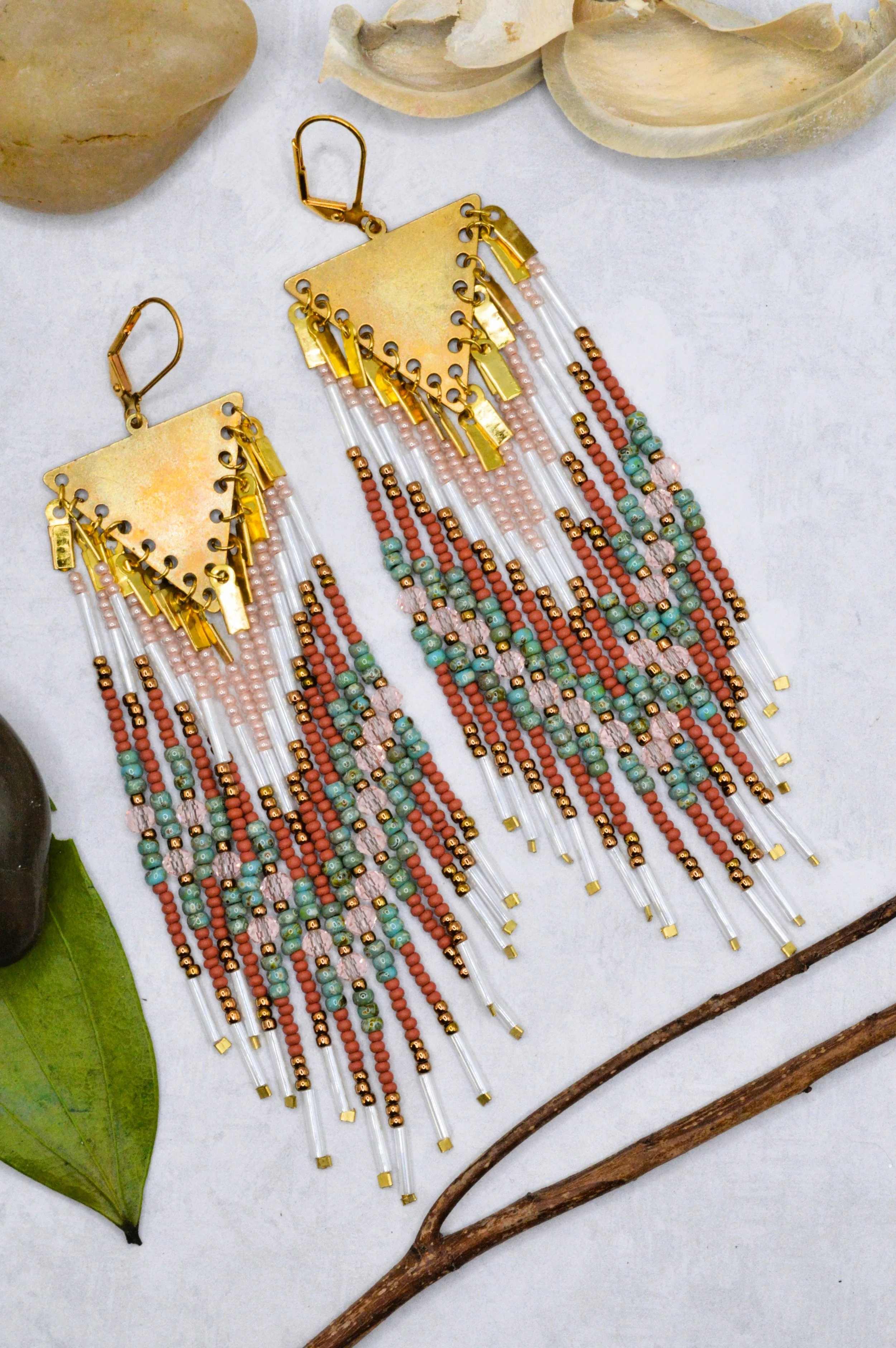 Sedona Handmade Seed Bead Beaded Fringe Dangle Statement Earrings with Triangle Focal