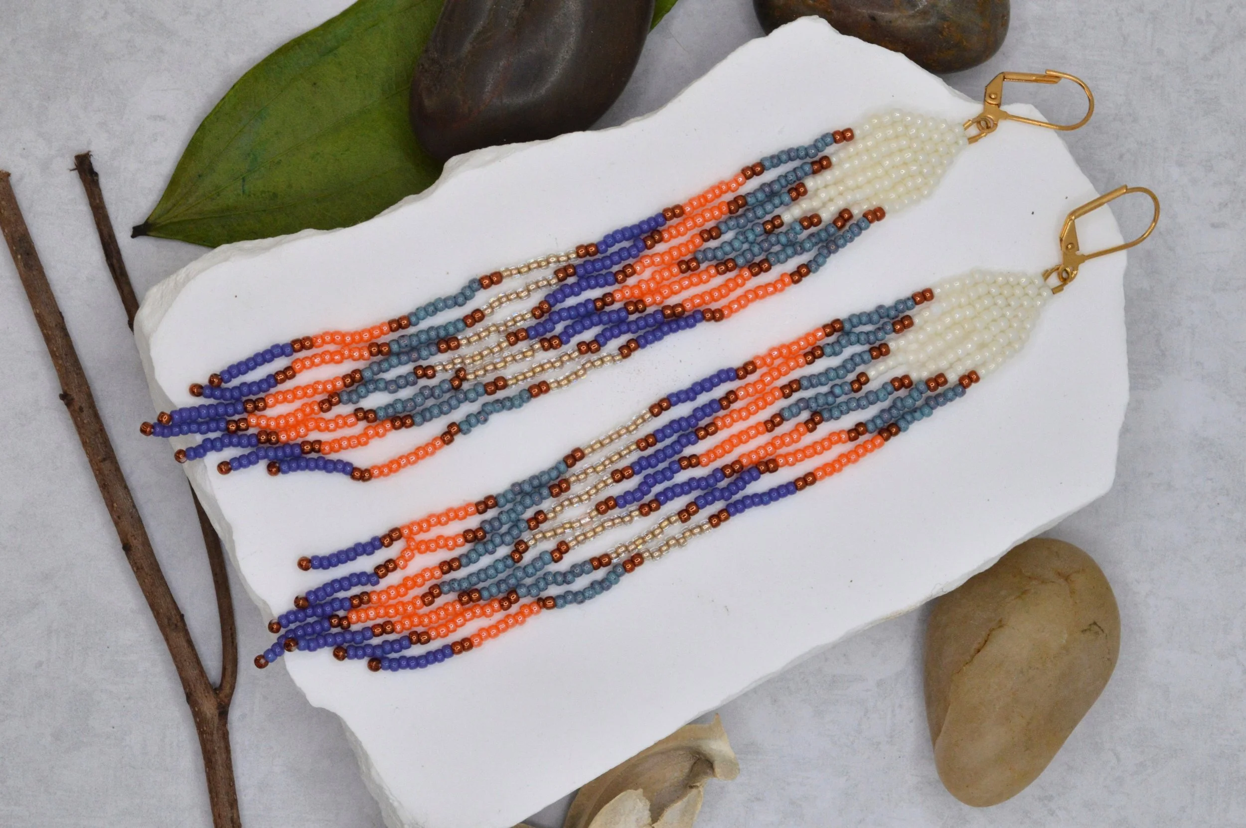 Prairie Sunset — Cream, Slate & Orange Seed Bead Fringe Earrings
