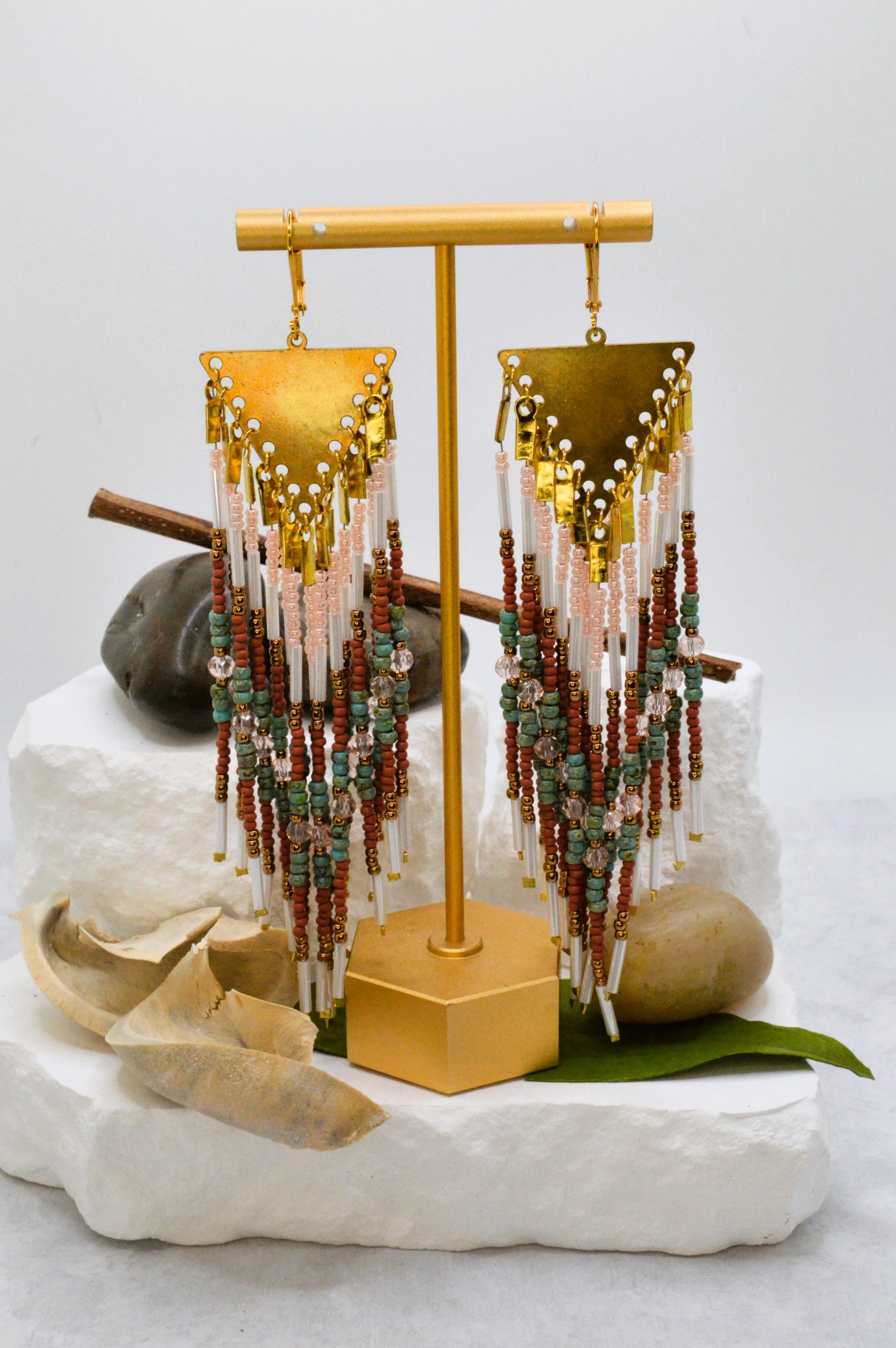 handmade seed bead fringe earrings with terracotta turquoise and dusty pink beads and brass triangle finding