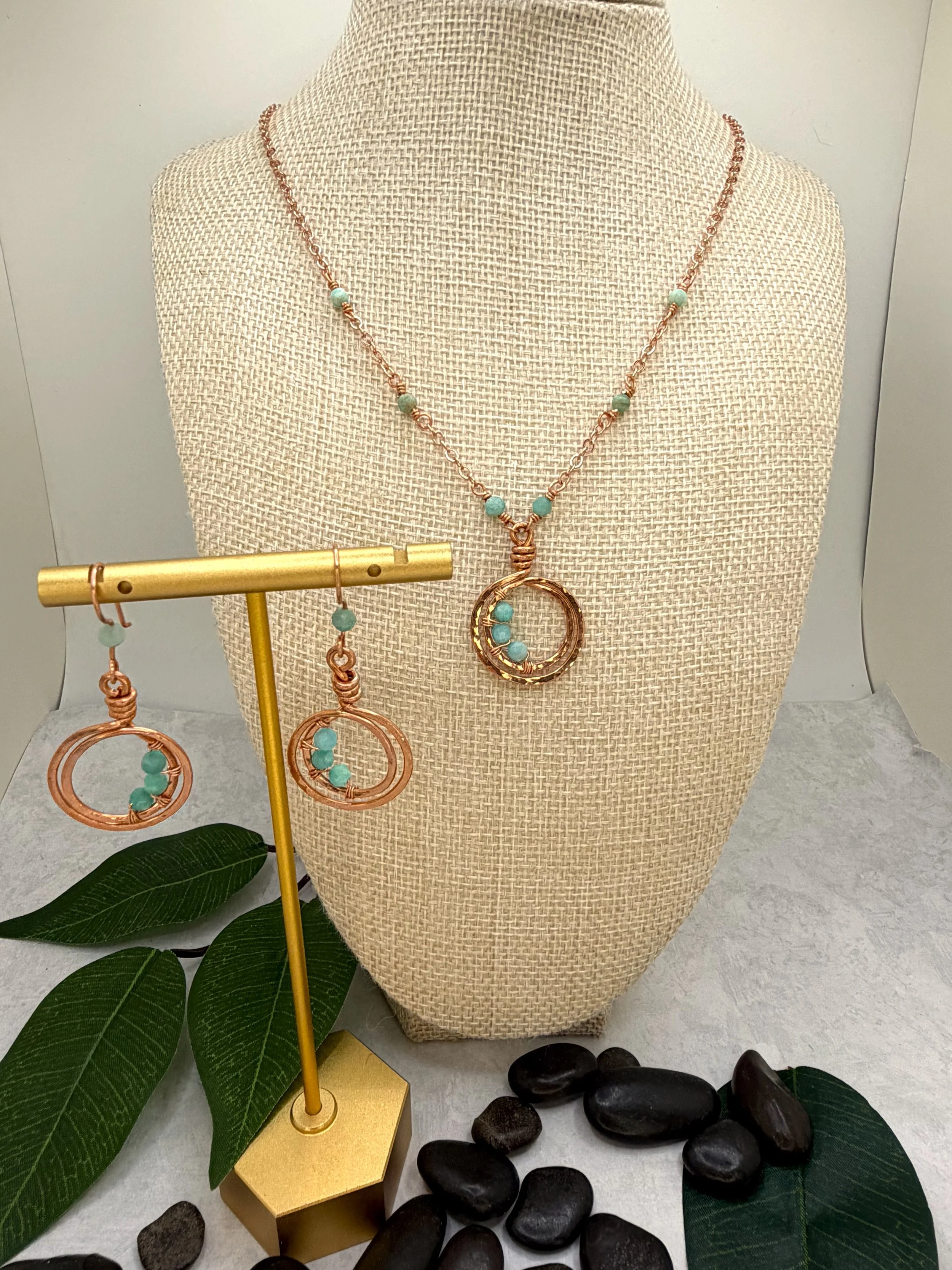 Sky Ripple — Hammered Copper Loop Necklace and Earrings Set with Amazonite