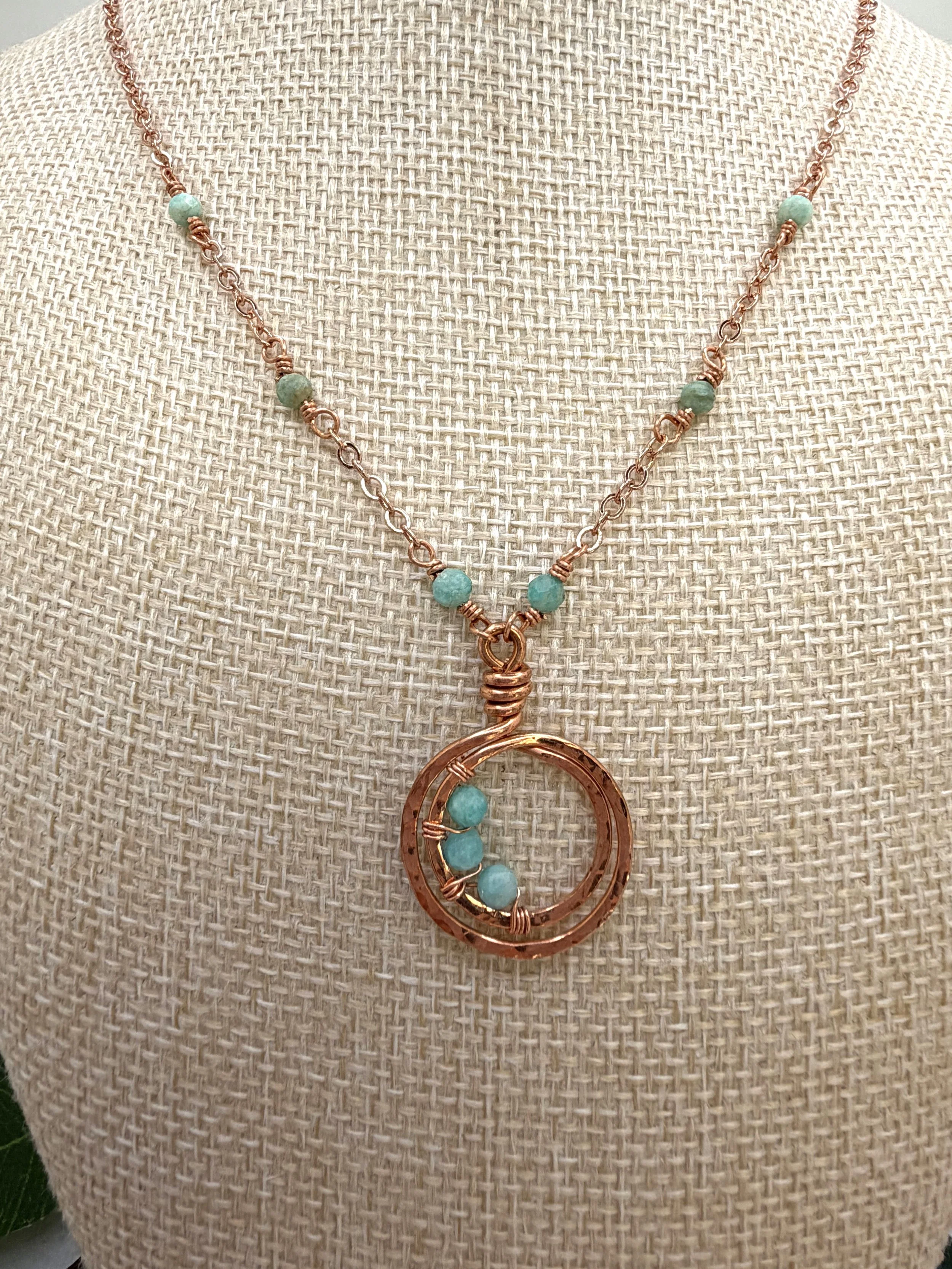 handmade copper and amazonite jewelry set with matching hammered loop necklace and earrings