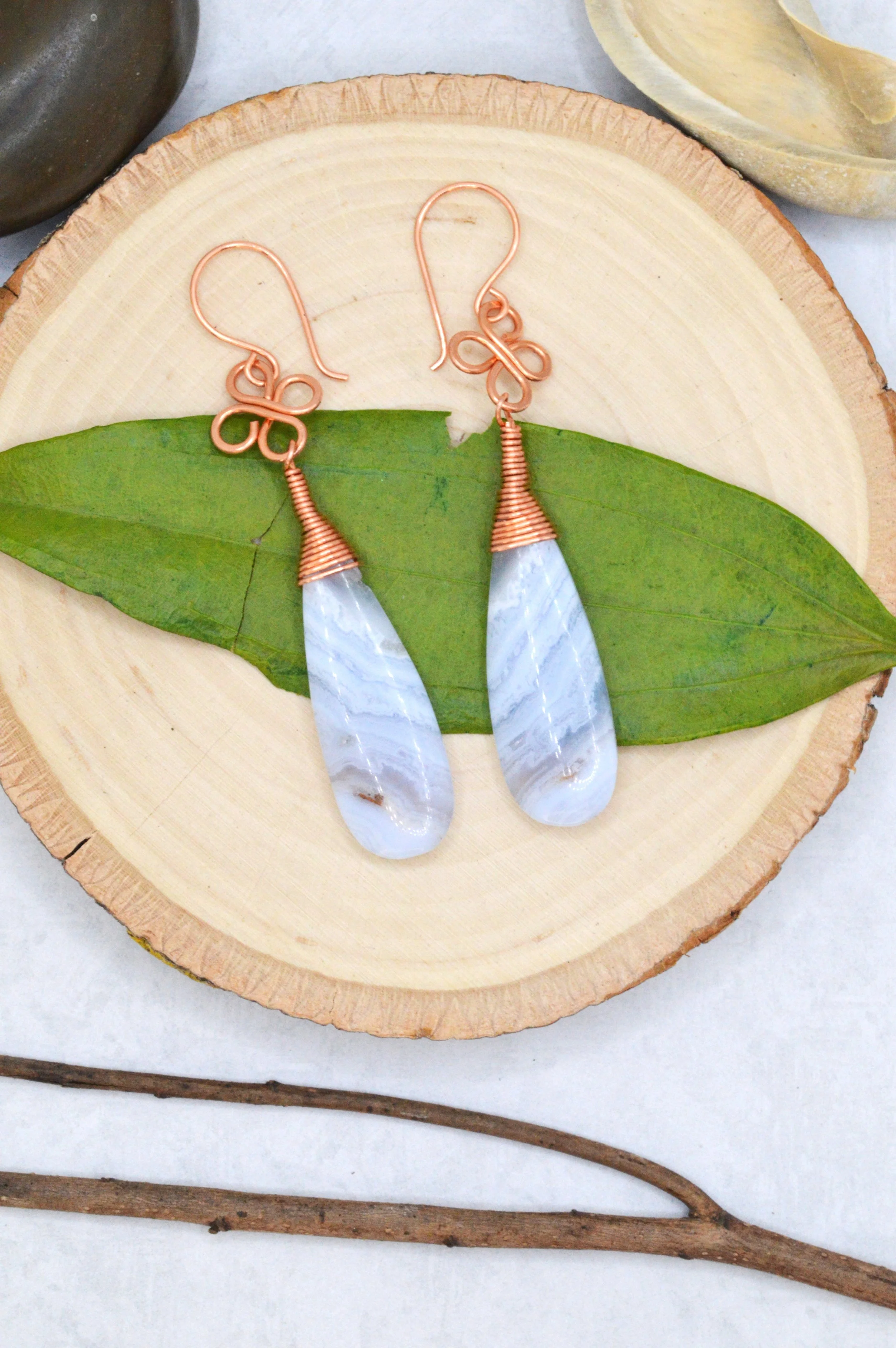 Clover Blue Lace Agate Copper Wire Wrapped Earrings