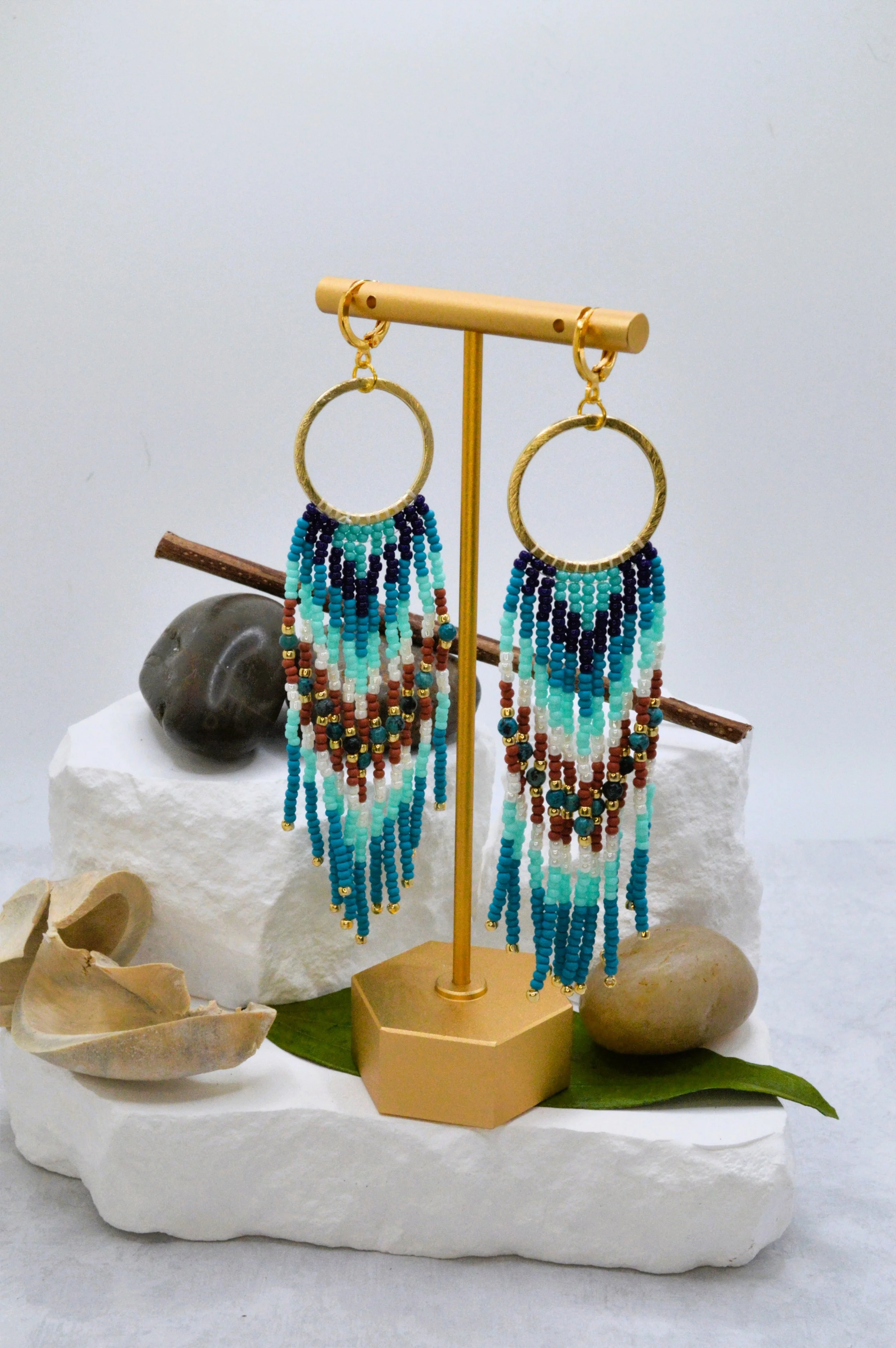 handmade seed bead fringe hoop earrings with turquoise gemstone beads in teal mint navy and rust