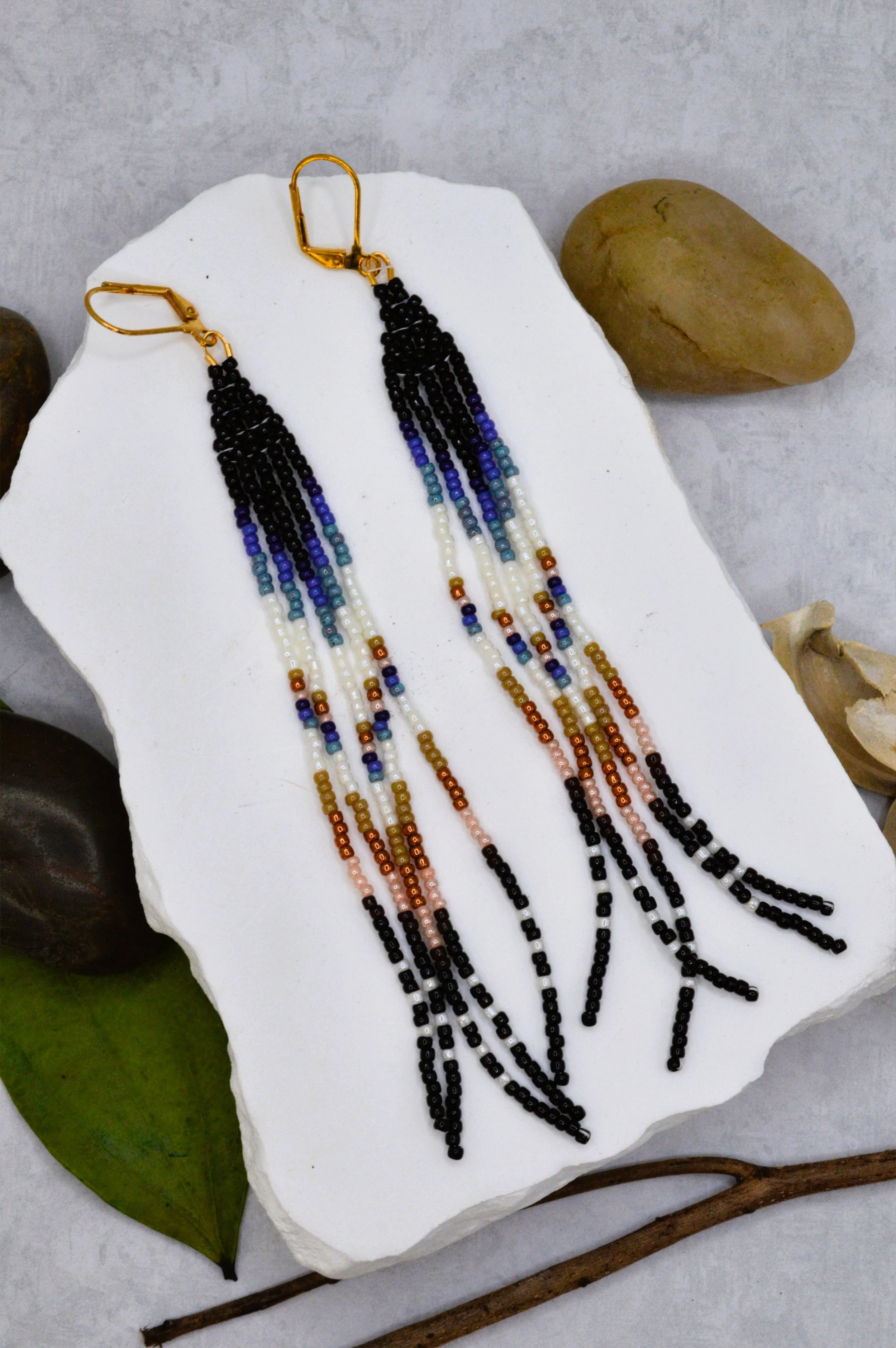 Dusk to Dawn — Black, Navy & Terracotta Seed Bead Fringe Earrings