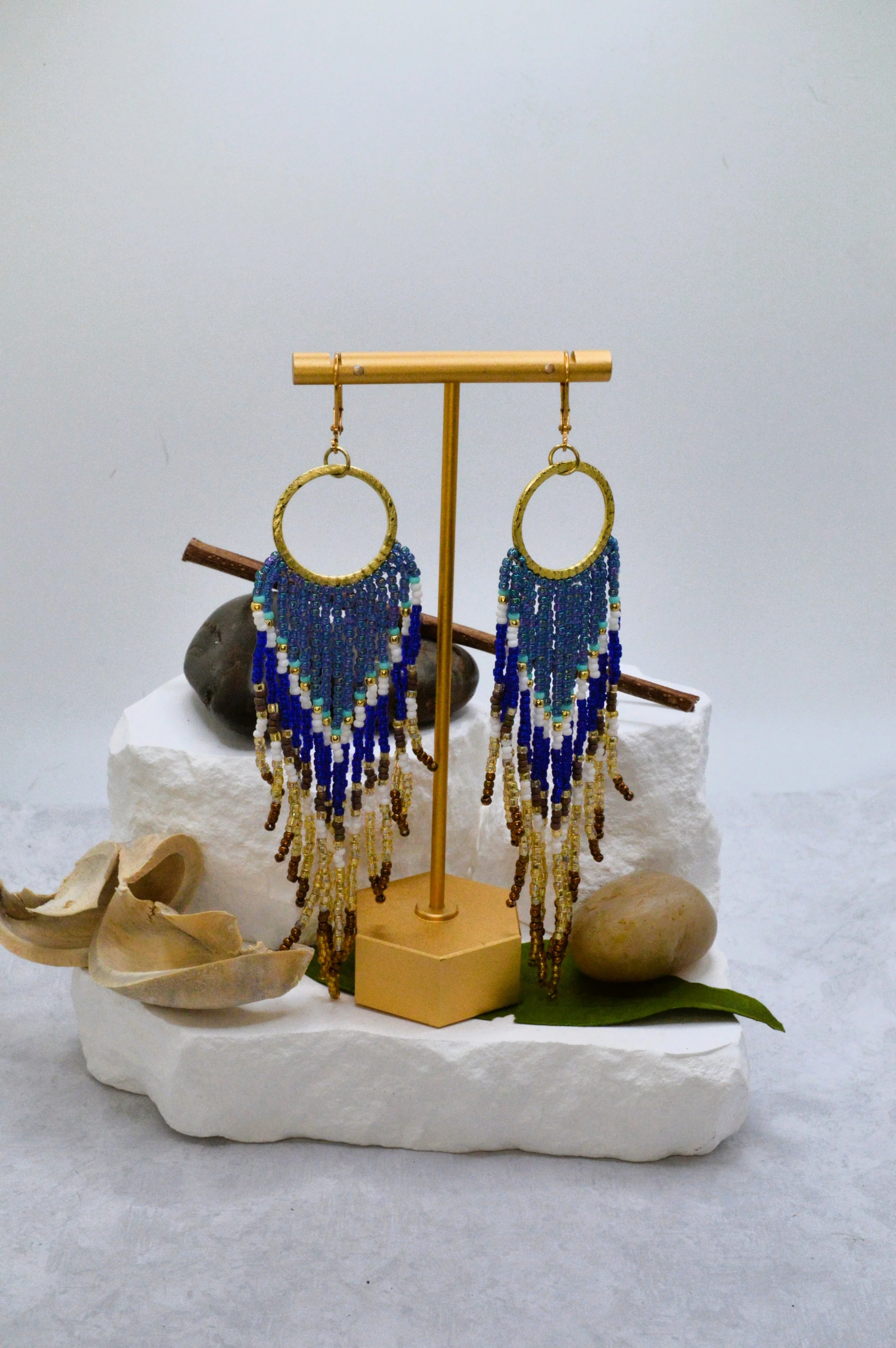 handmade iridescent blue seed bead fringe hoop earrings with cobalt white and gold ombré fade
