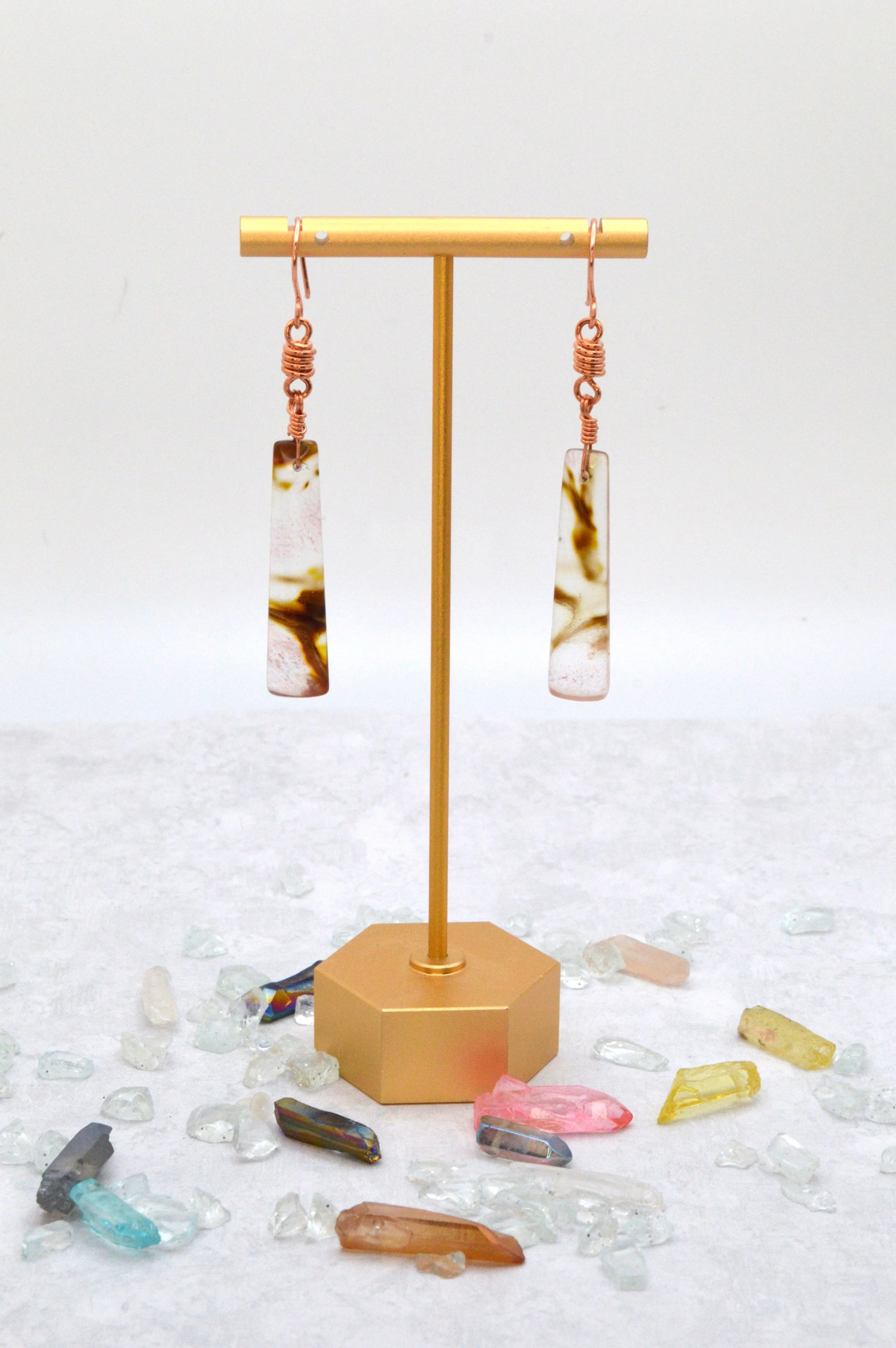handmade desert jasper copper wire wrapped earrings with coiled copper barrel link