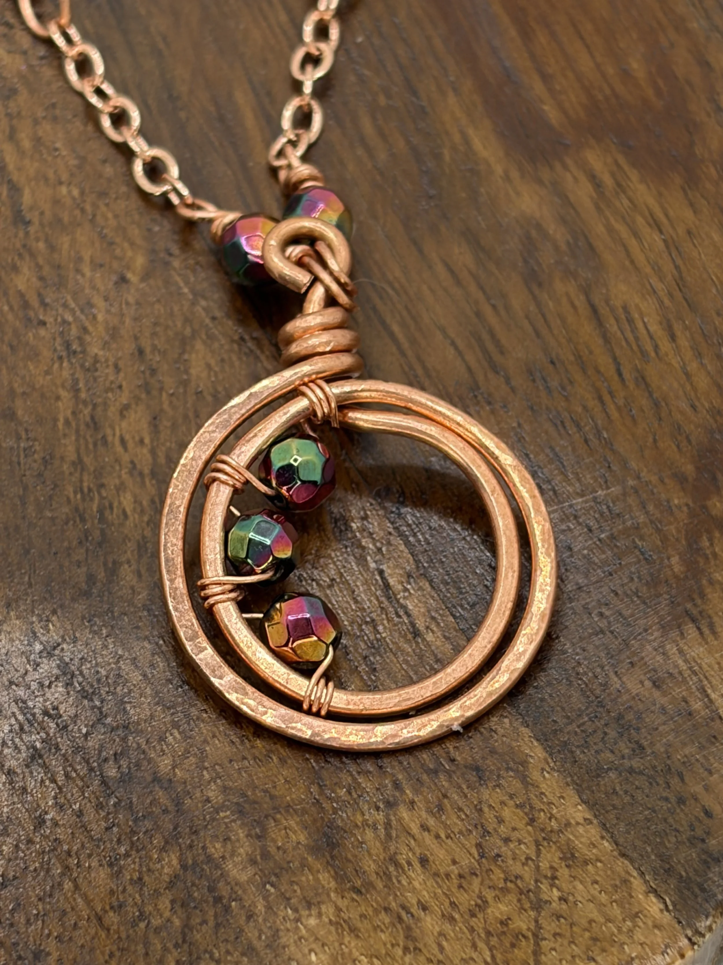 handmade copper chain necklace with hematite beads and hammered double loop pendant (Copy)