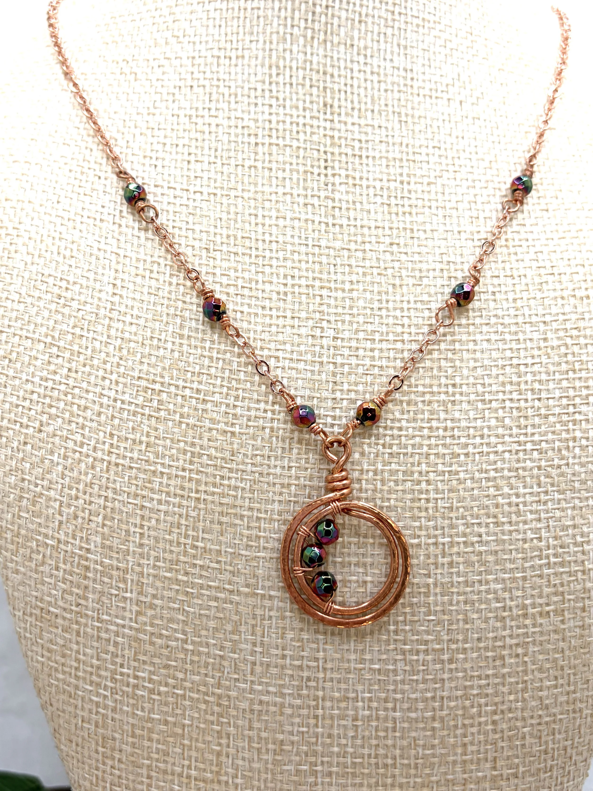 handmade copper chain necklace with hematite beads and hammered double loop pendant (Copy)