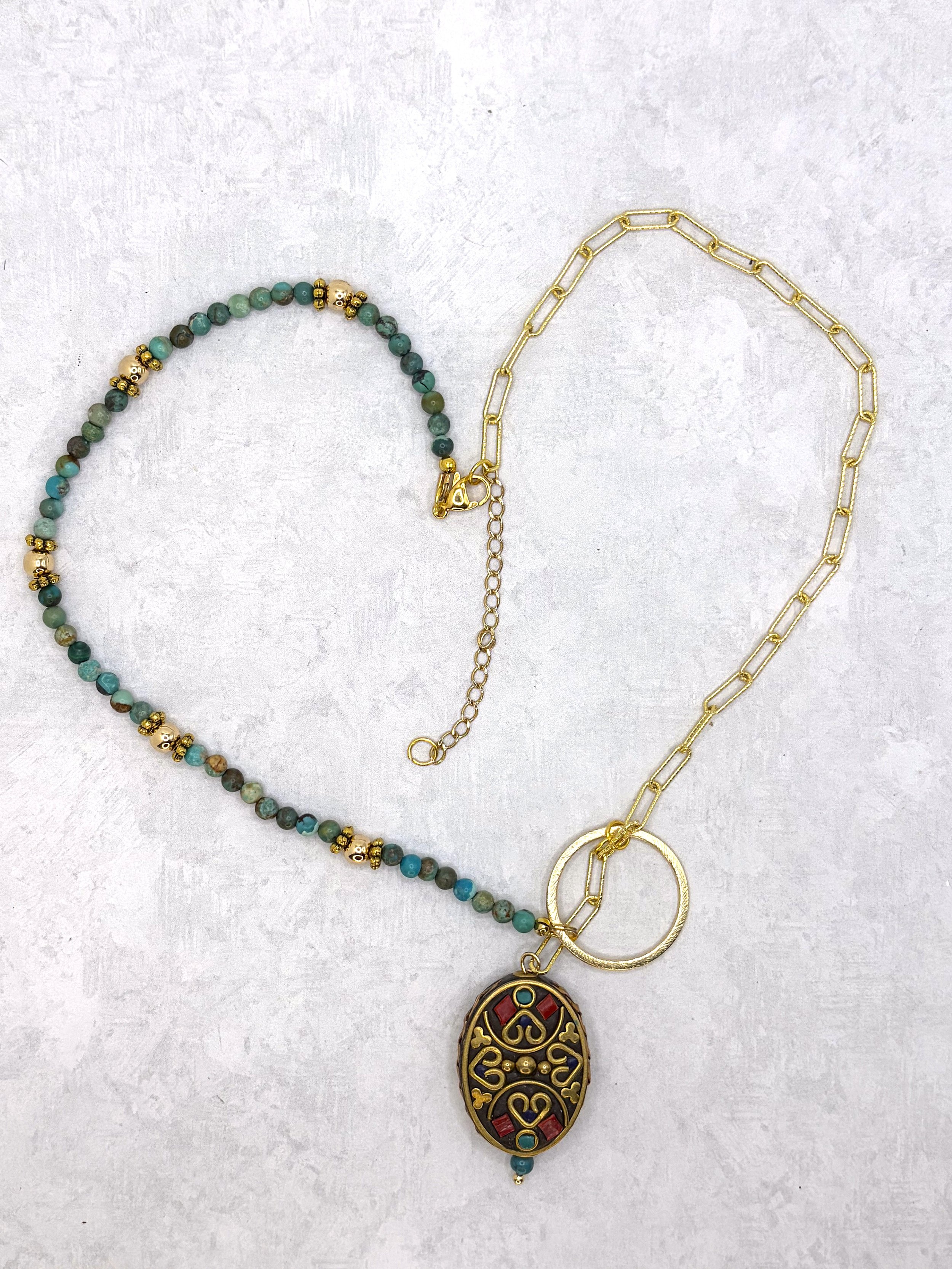 handmade asymmetrical necklace with Tibetan brass turquoise coral lapis inlay pendant and genuine turquoise beading