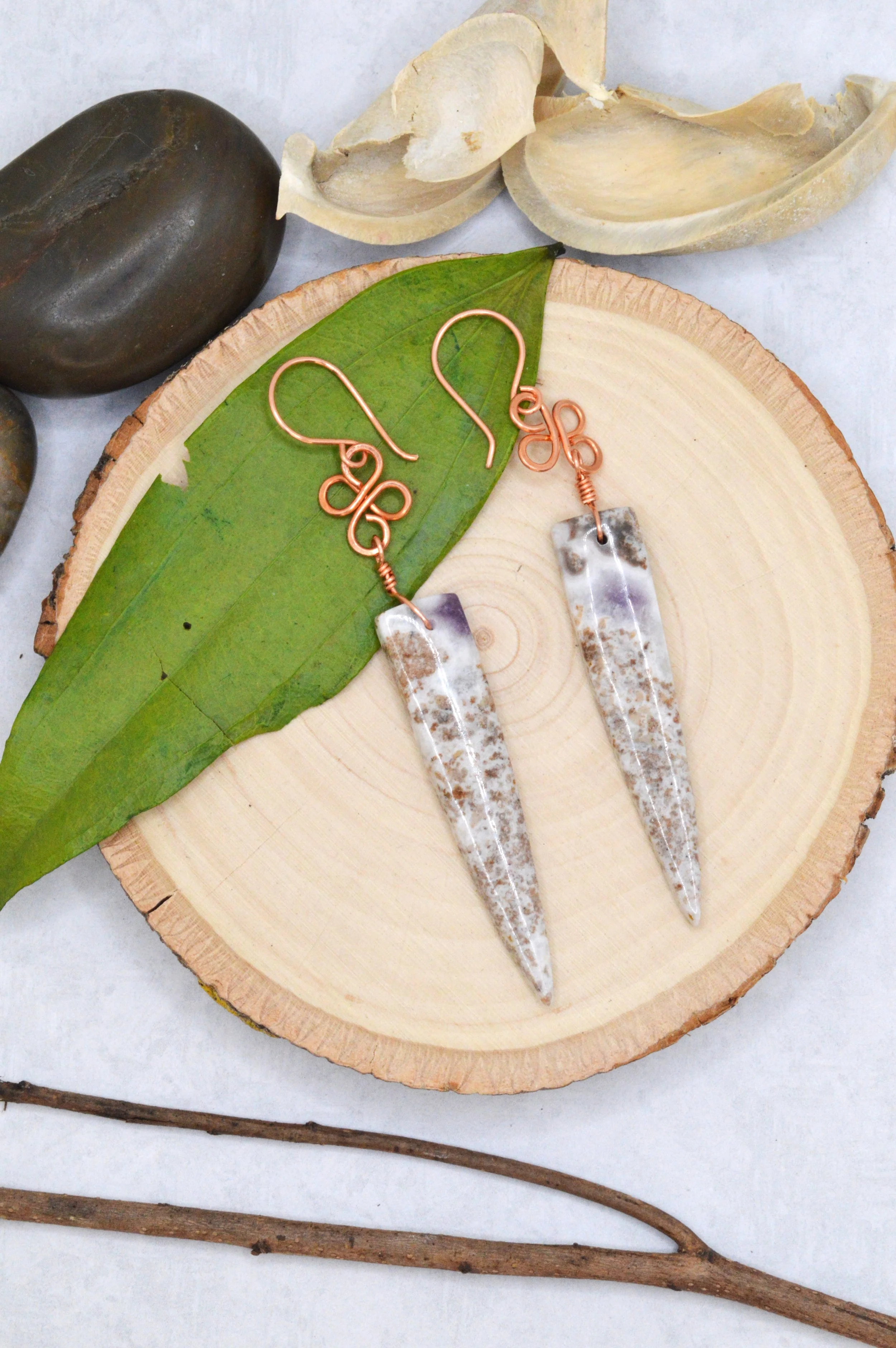 Clover — Agate Copper Wire Wrapped Dagger Earrings
