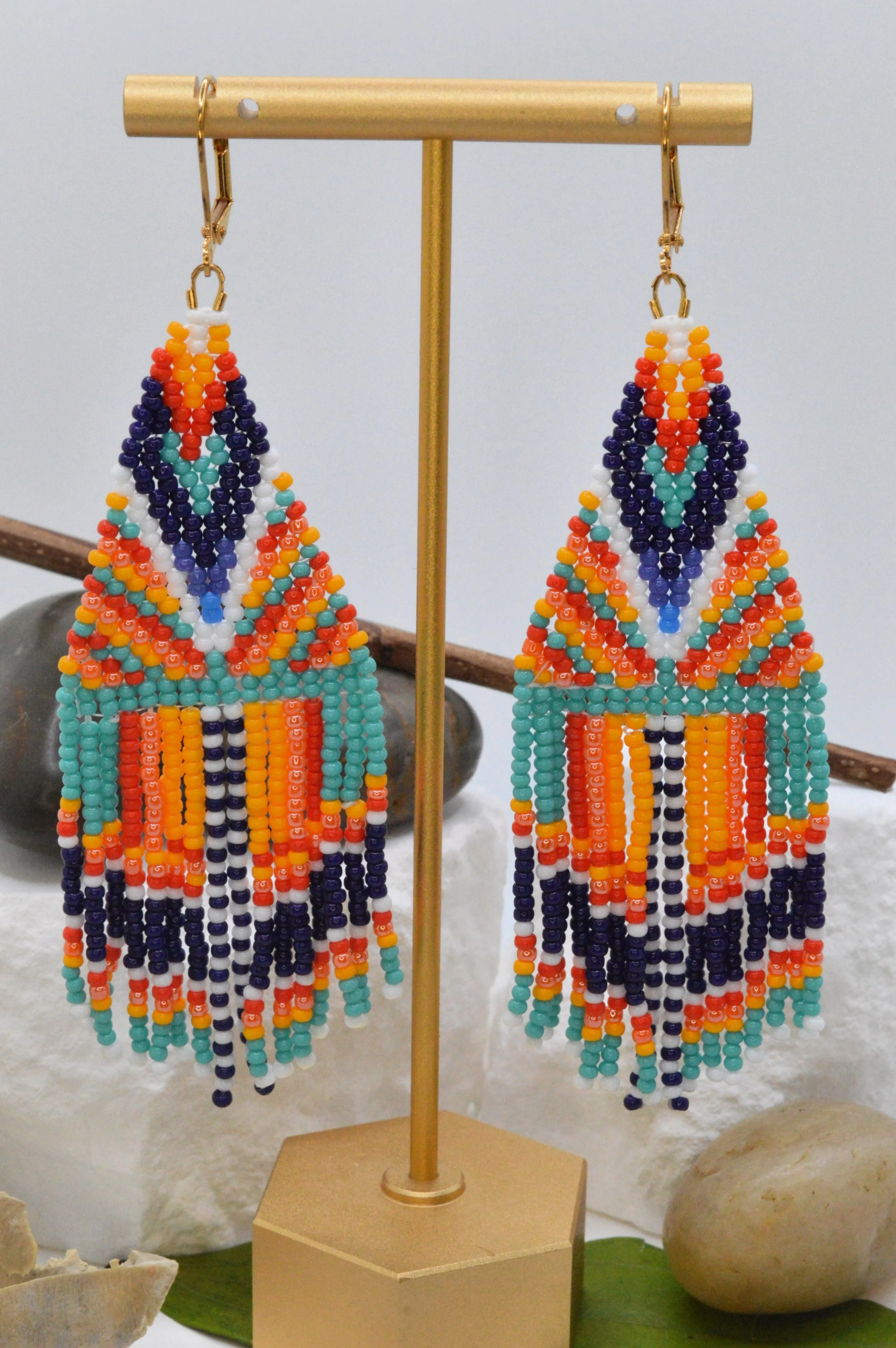 Painted Desert — Turquoise, Coral & Marigold Seed Bead Fringe Earrings