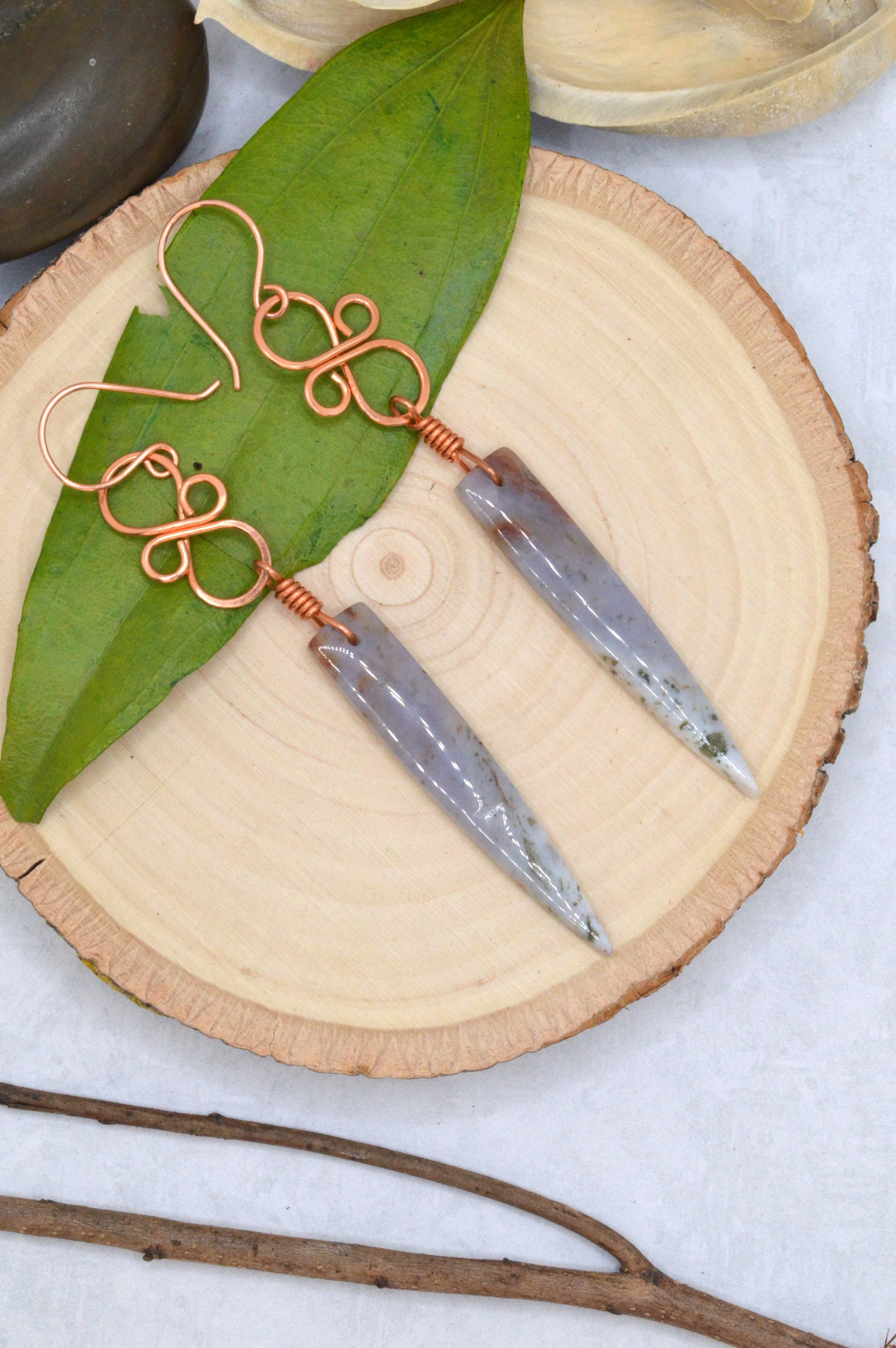 WanderKnot — Ocean Jasper Copper Wire Wrapped Dagger Earrings