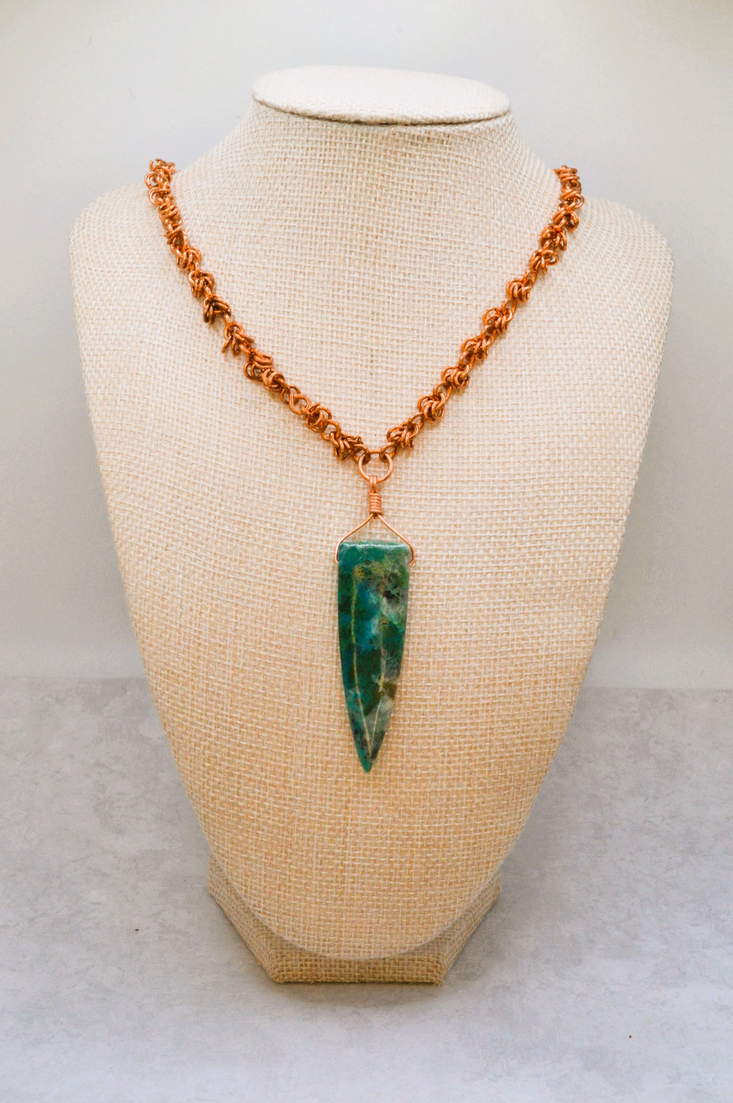 Lynx Statement Necklace — Copper Chainmail Chrysocolla Dagger Pendant Necklace