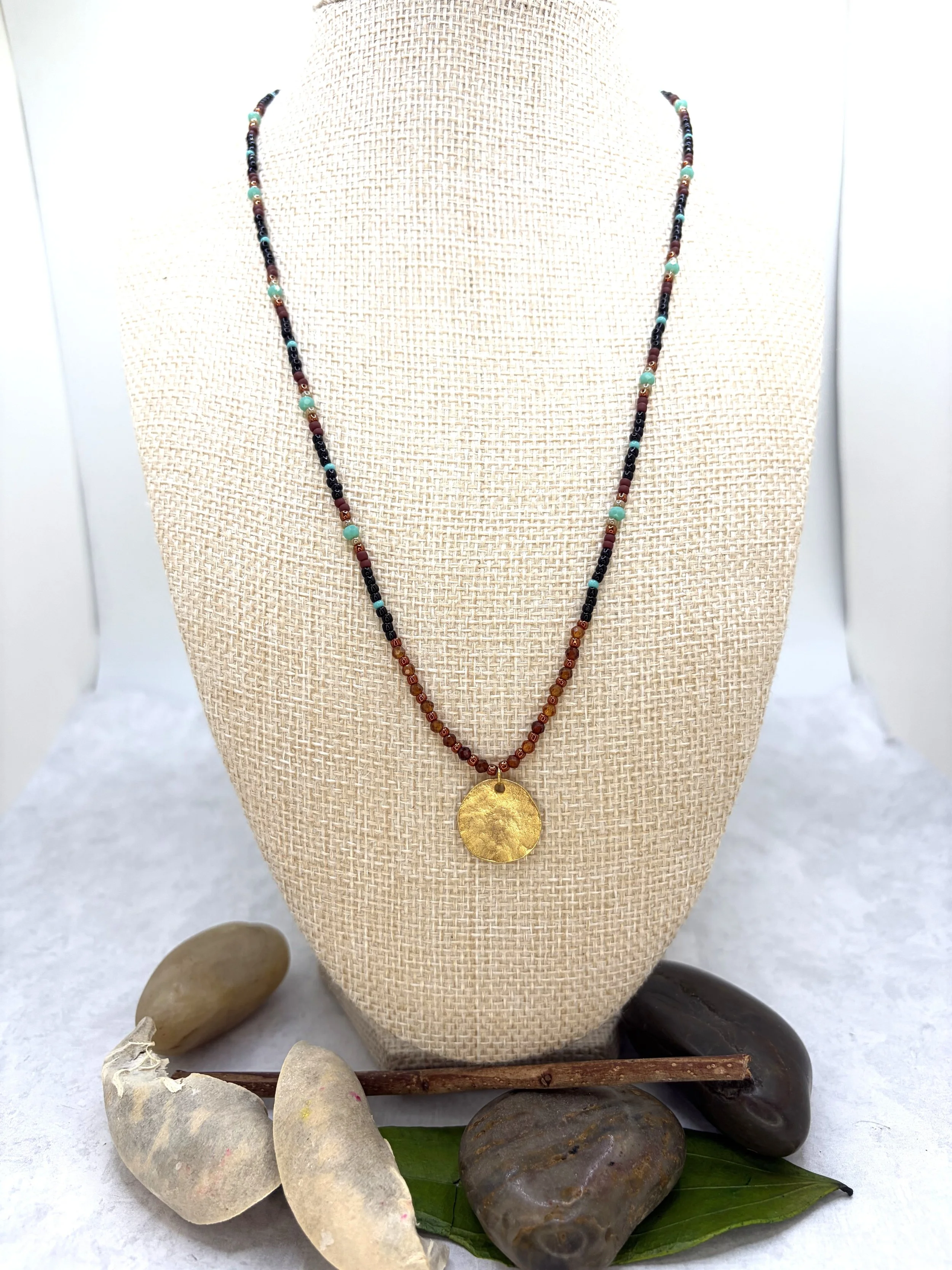Harvest Moon — Garnet & Hammered Disc Necklace