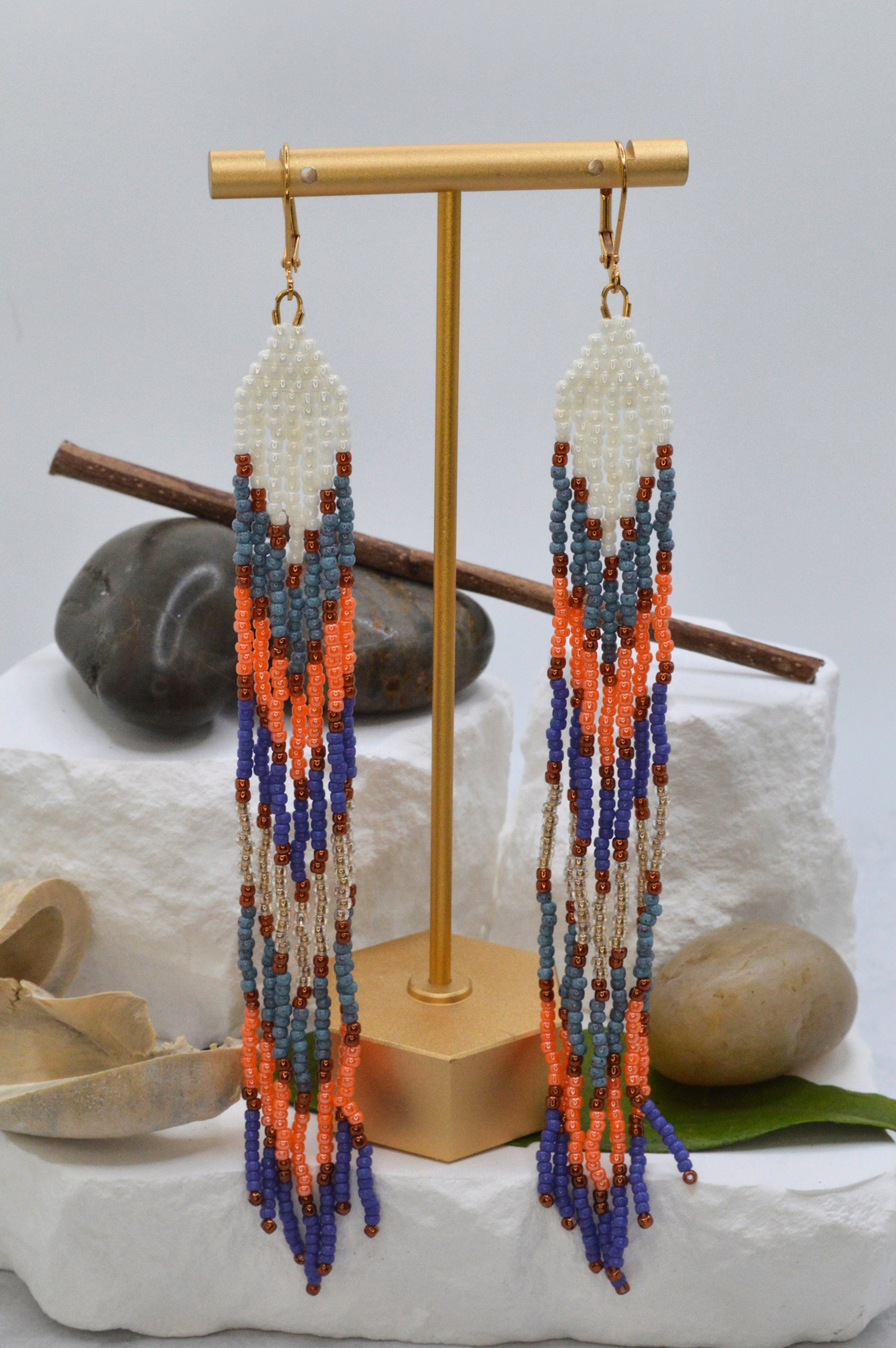 handmade seed bead fringe earrings, cream slate blue orange purple and copper, gold ear wire
