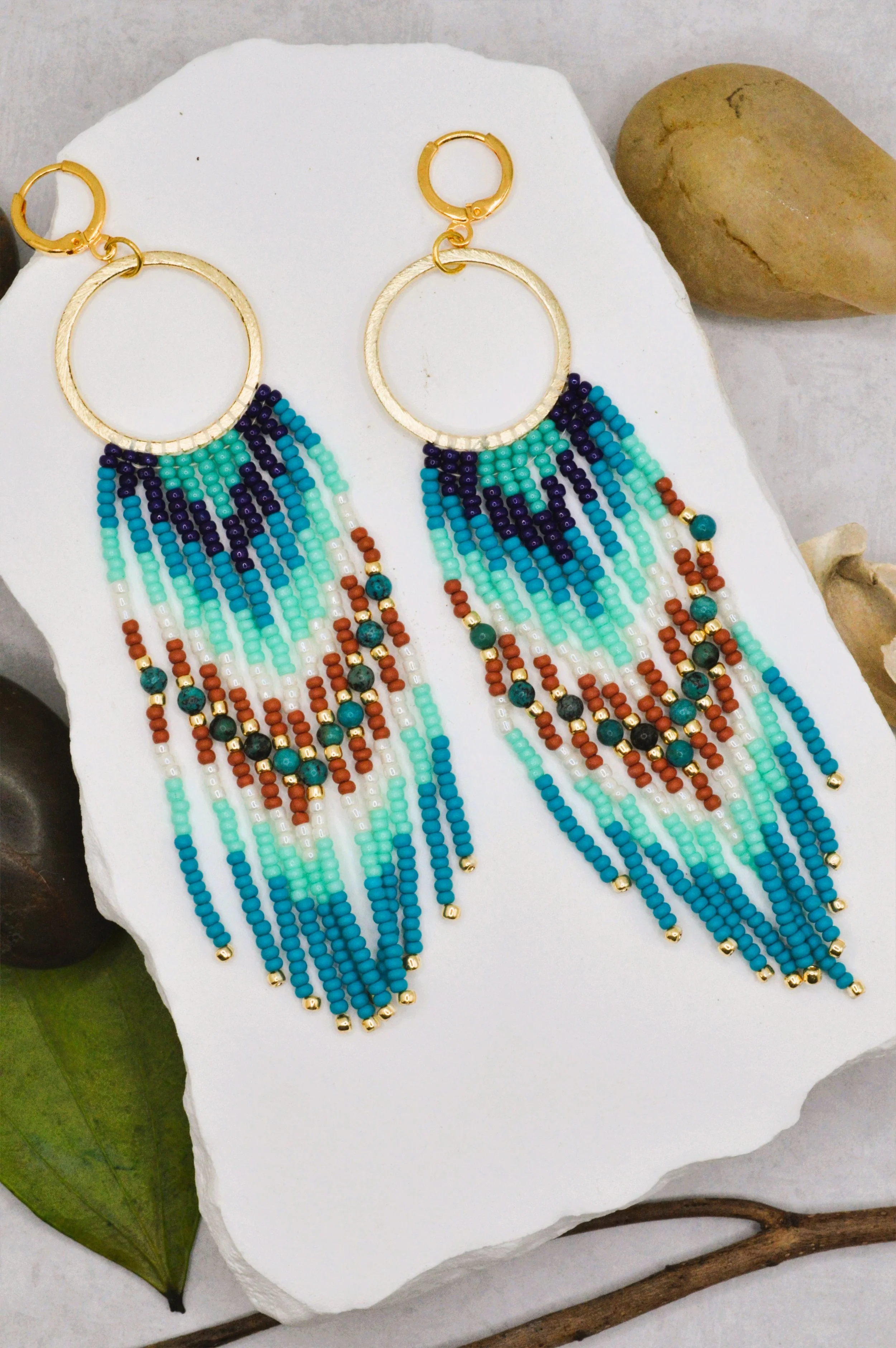 Desert Spring — Seed Bead & Turquoise Hoop Fringe Earrings