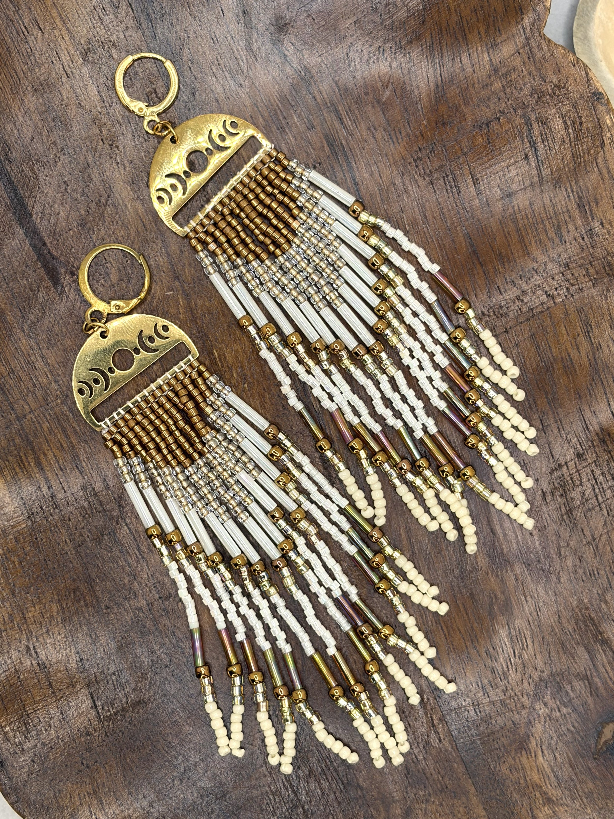 handmade seed bead fringe earrings with brass moon phase charm and cream bronze gold beading