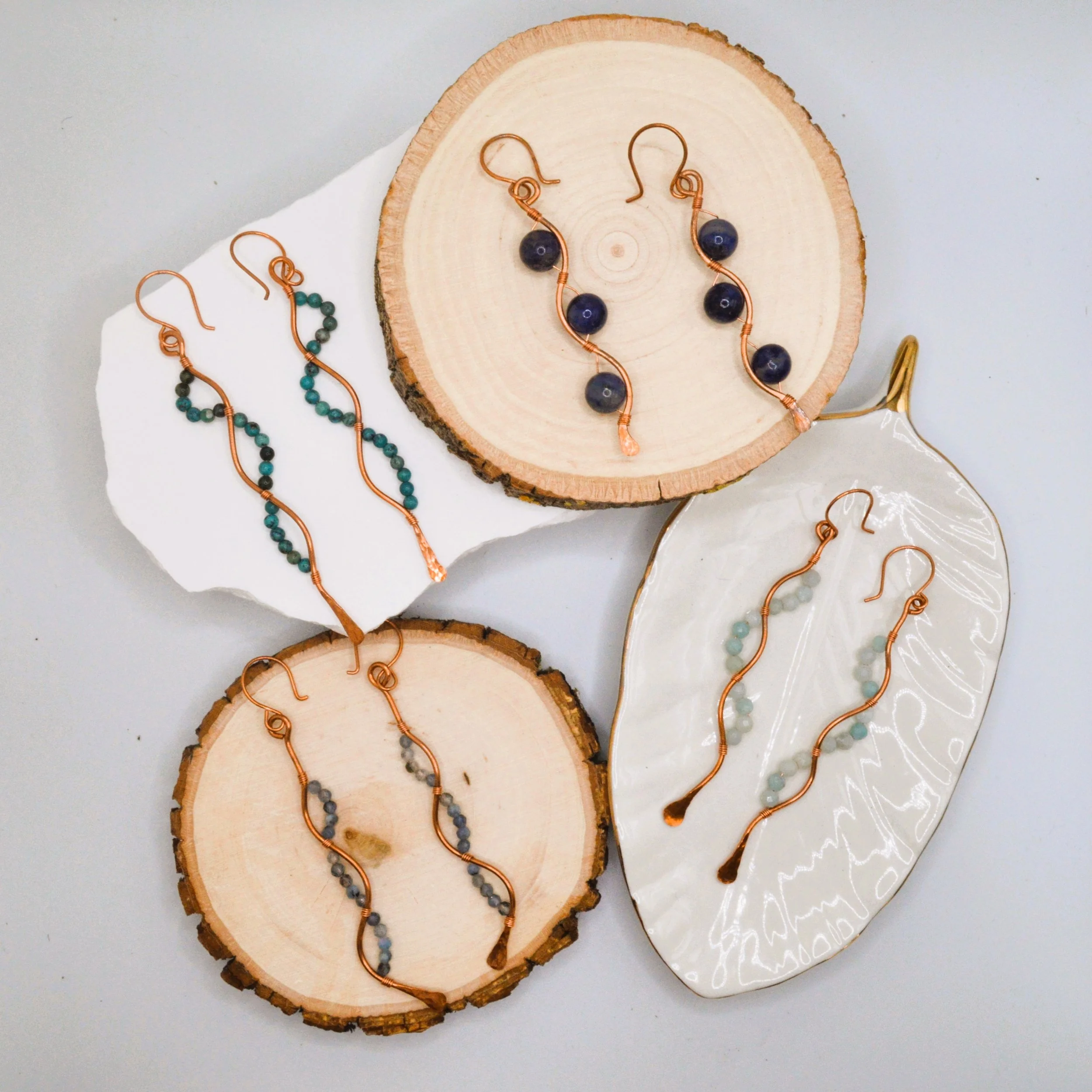 Wave - Handmade Gemstone and Copper Wave Earrings with Gemstone Beads