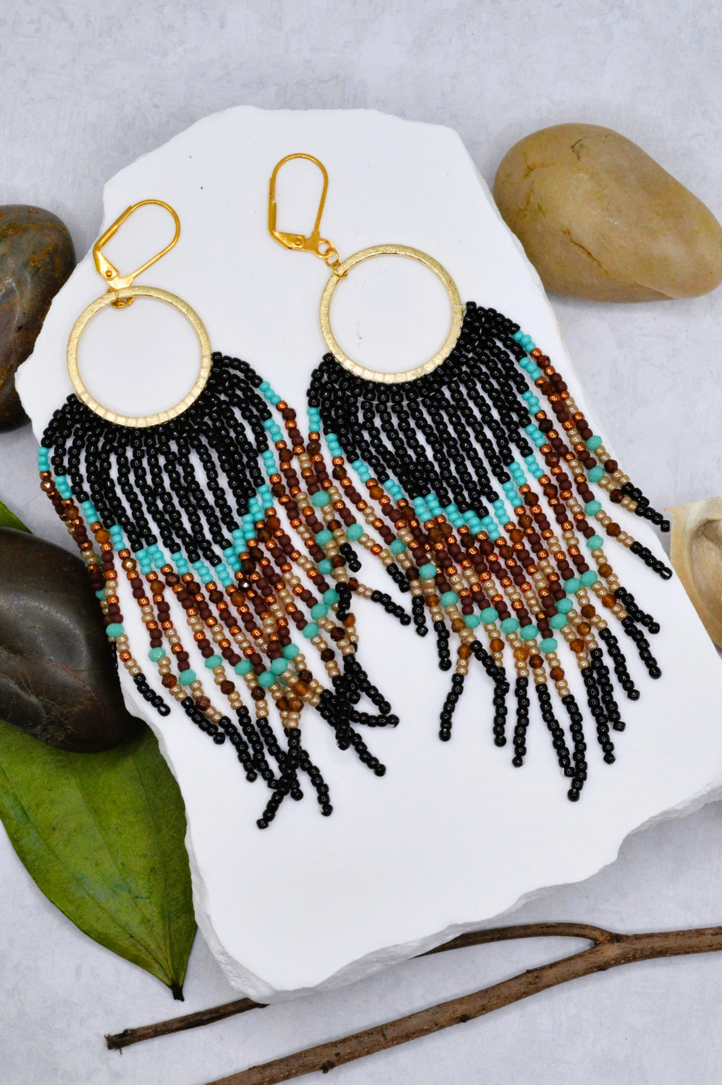 Desert Night — Seed Bead & Garnet Hoop Fringe Earrings