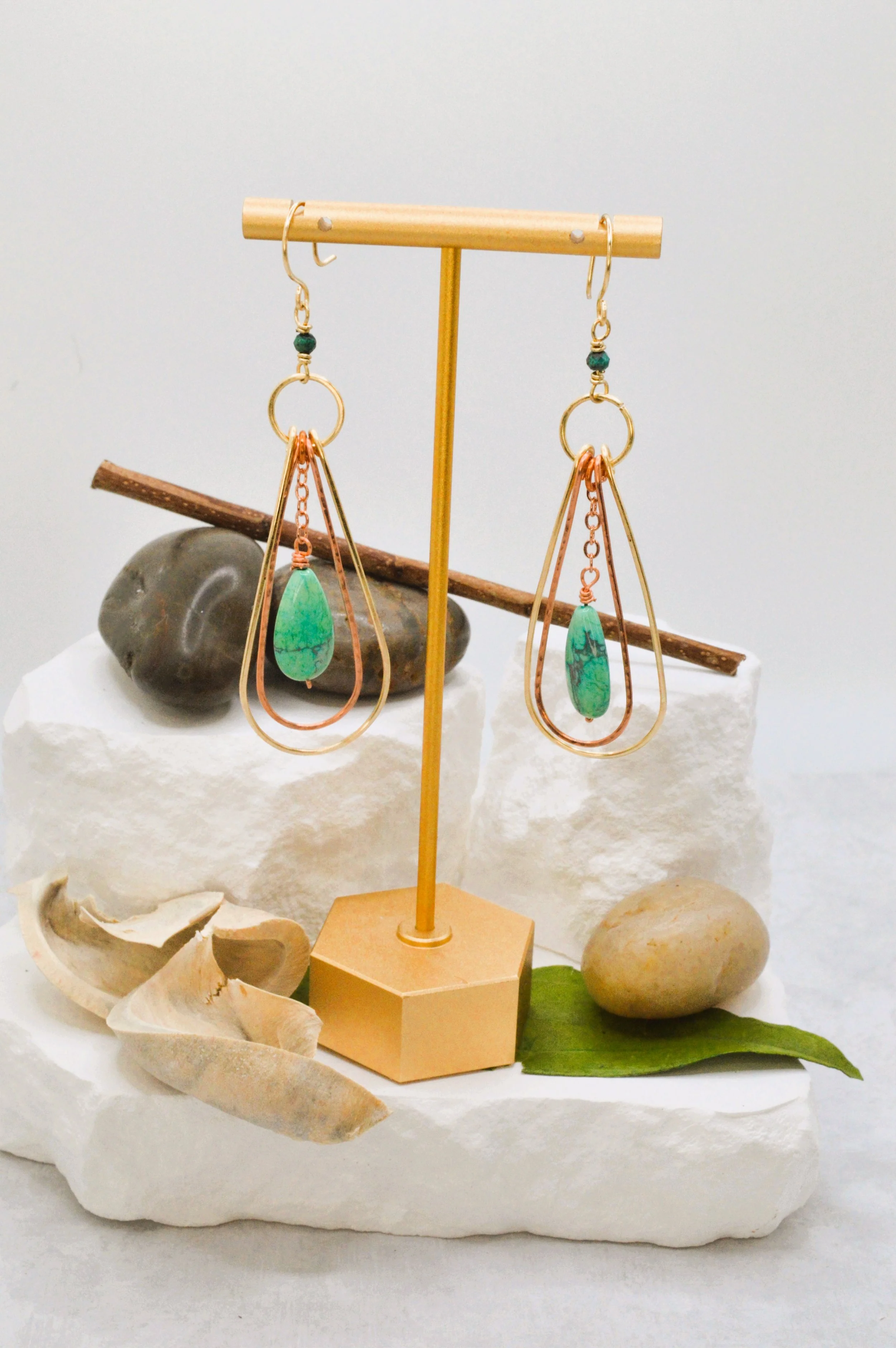 handmade copper and brass teardrop dangle earrings with turquoise bead and chrysocolla accent