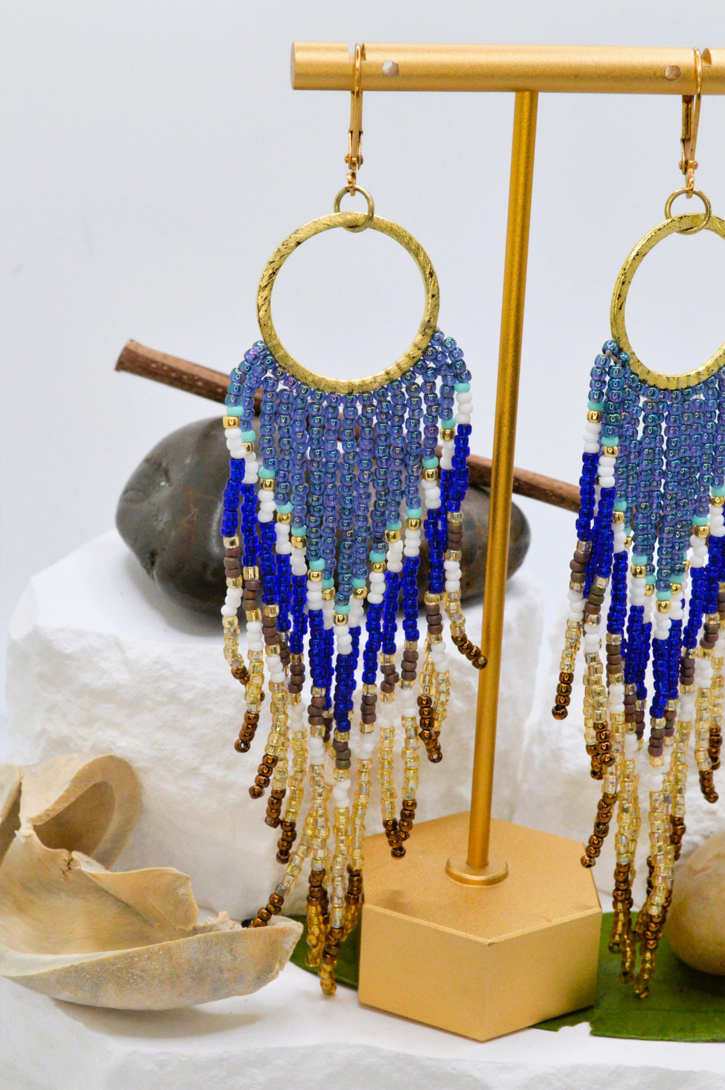 handmade iridescent blue seed bead fringe hoop earrings with cobalt white and gold ombré fade