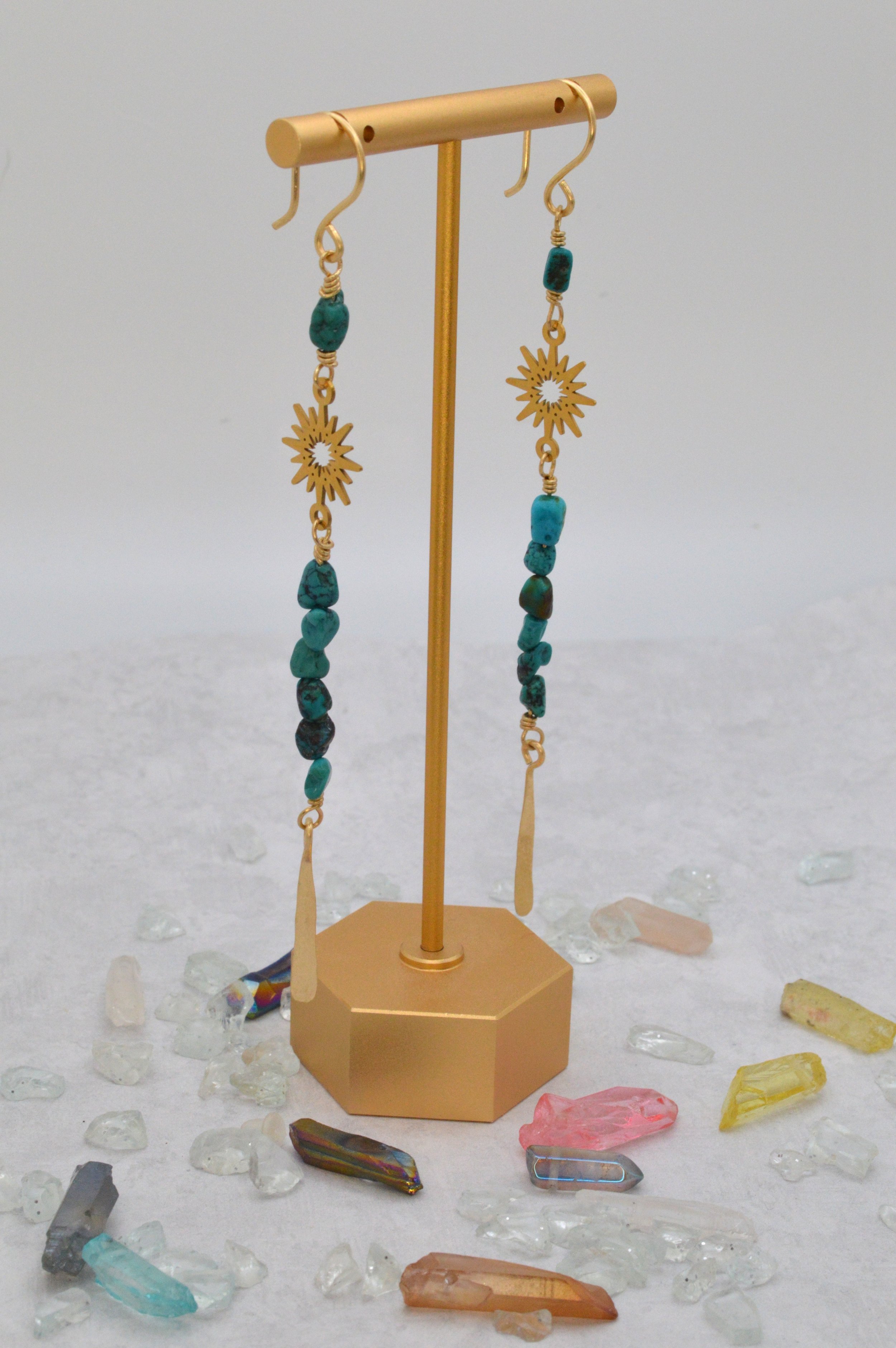 Desert Star — Turquoise & Brass Sunburst Charm Earrings