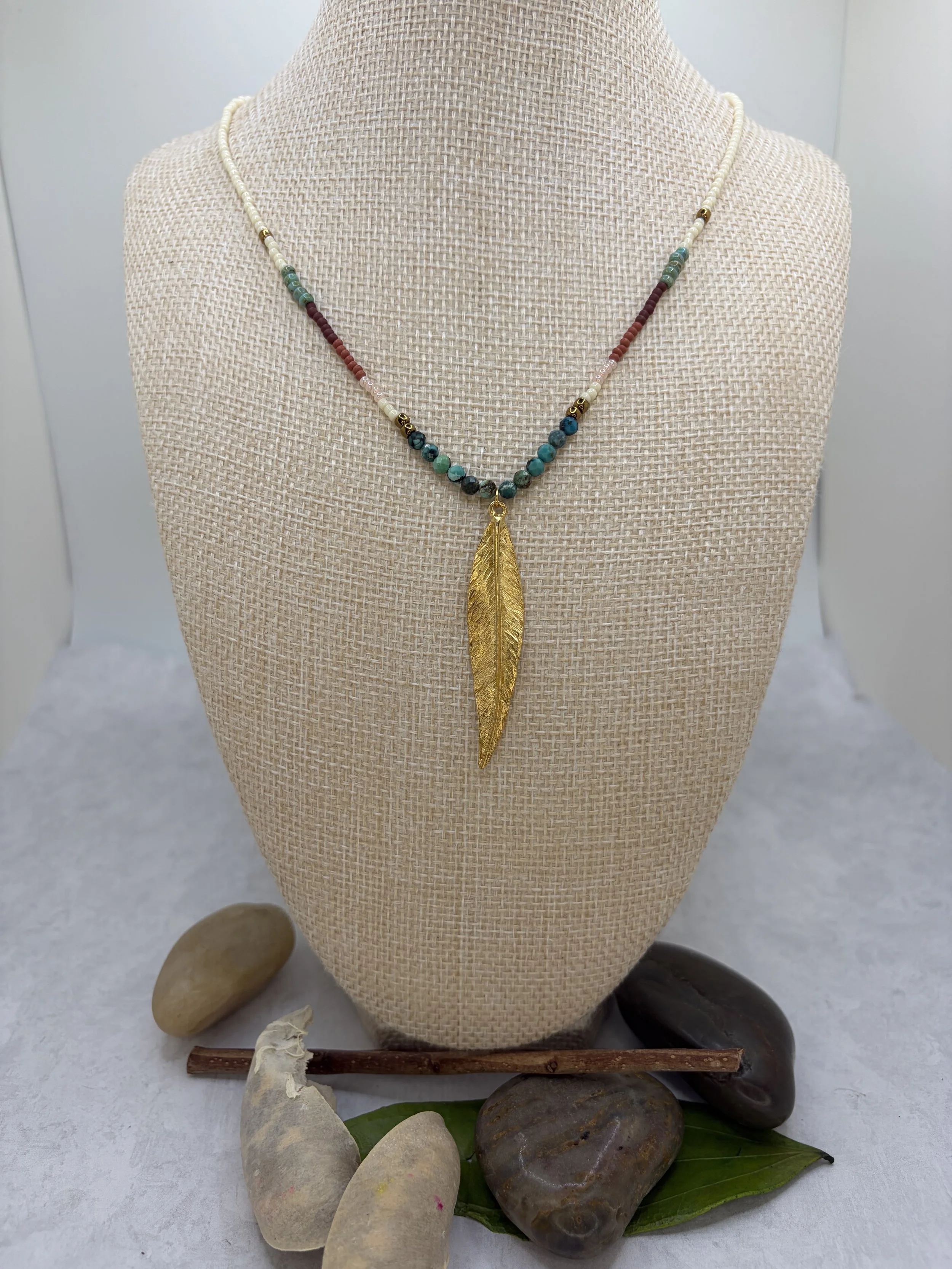 Featherlight - Turquoise Seed Bead & Gold Feather Necklace
