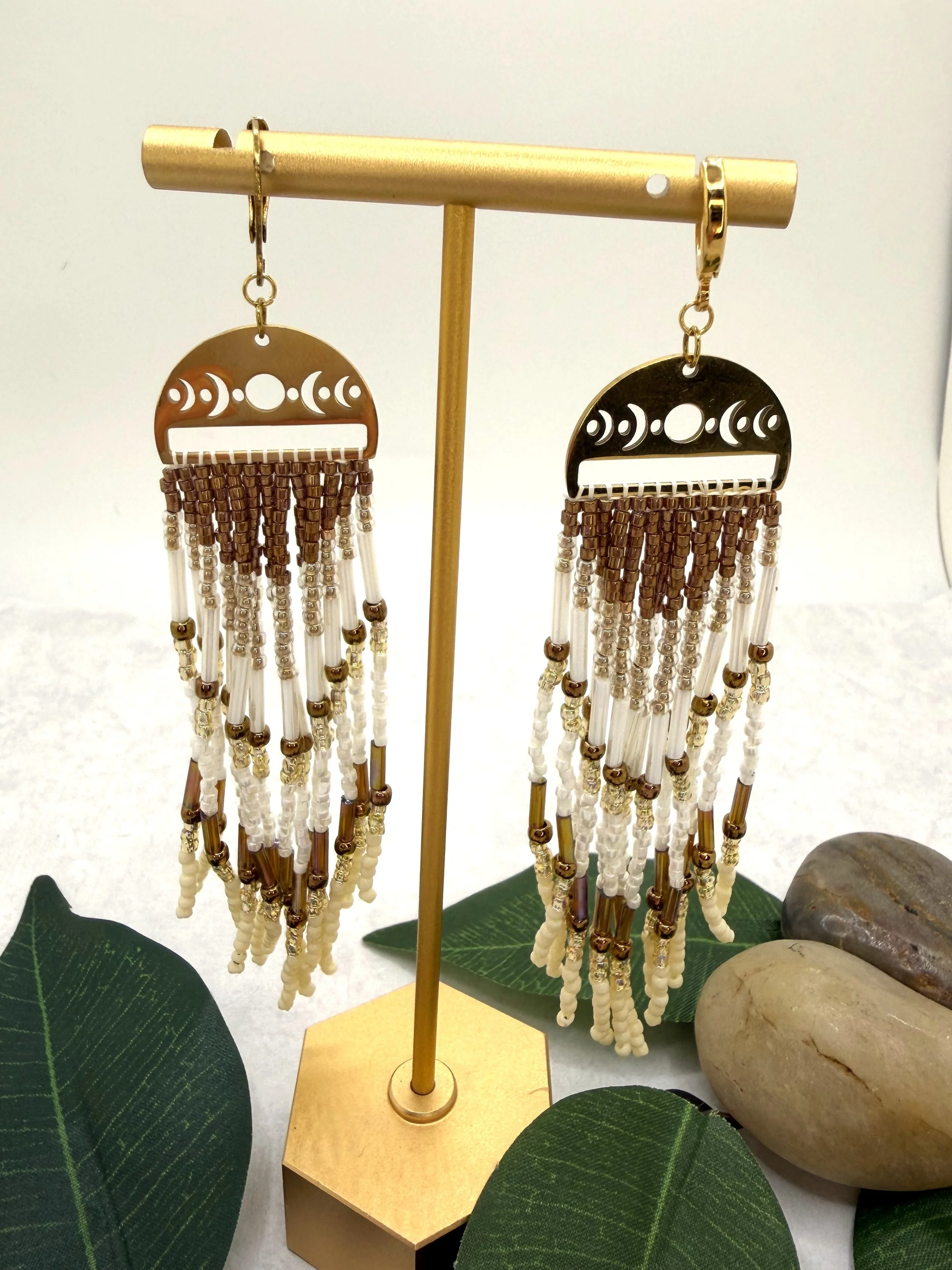 handmade seed bead fringe earrings with brass moon phase charm and cream bronze gold beading