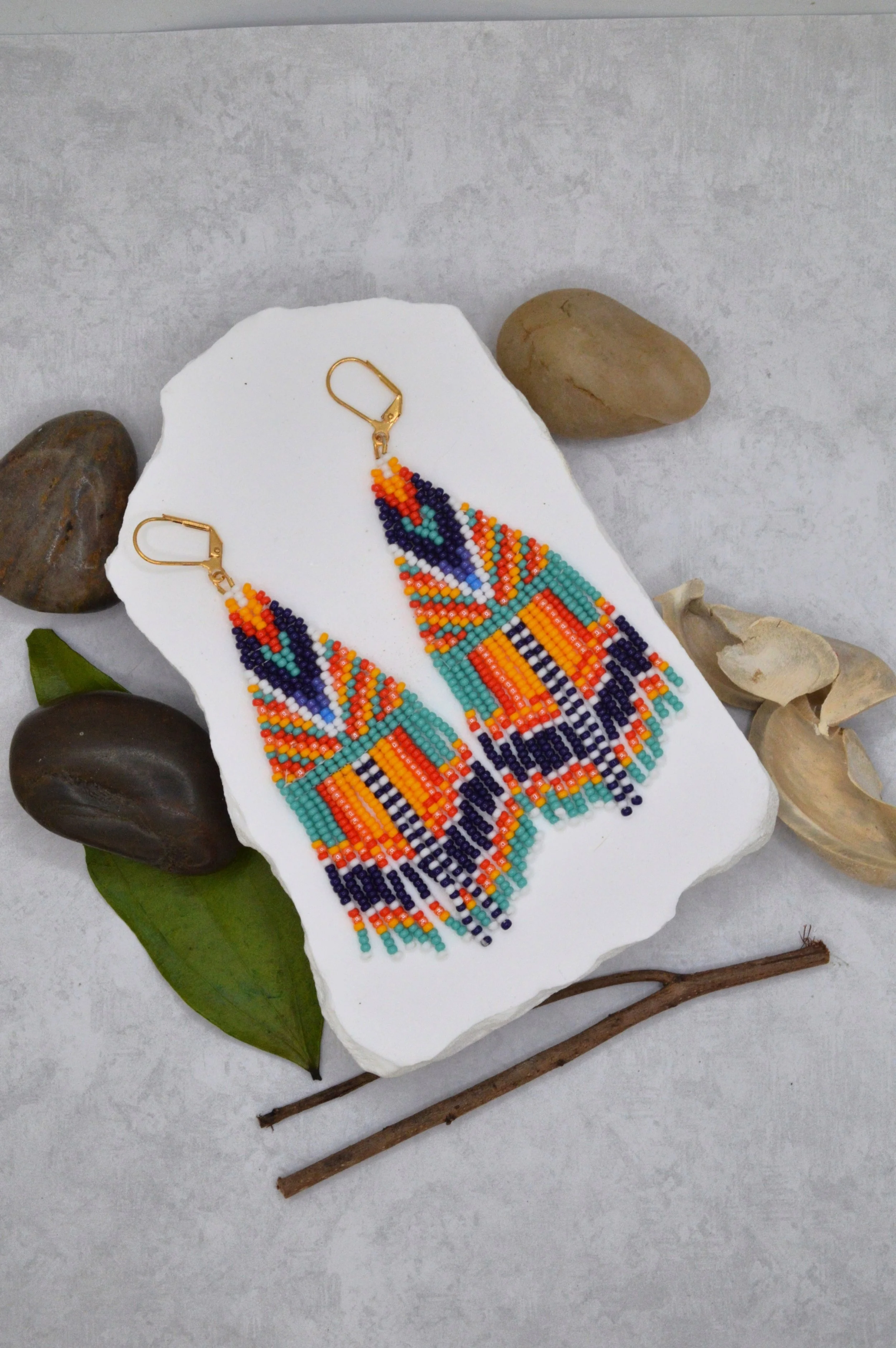 handmade geometric seed bead fringe earrings, turquoise coral marigold navy and white, gold ear wire