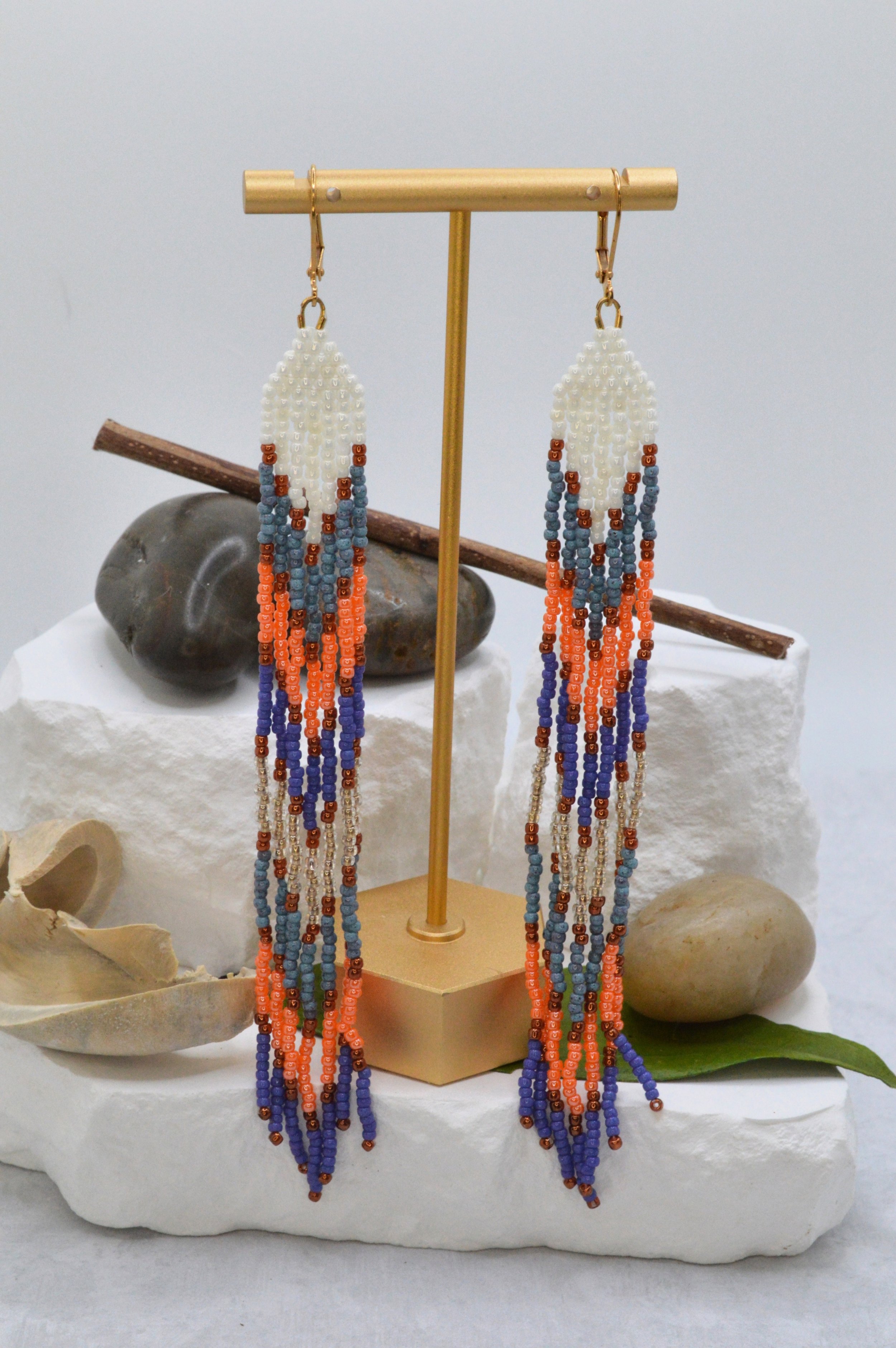 handmade seed bead fringe earrings, cream slate blue orange purple and copper, gold ear wire