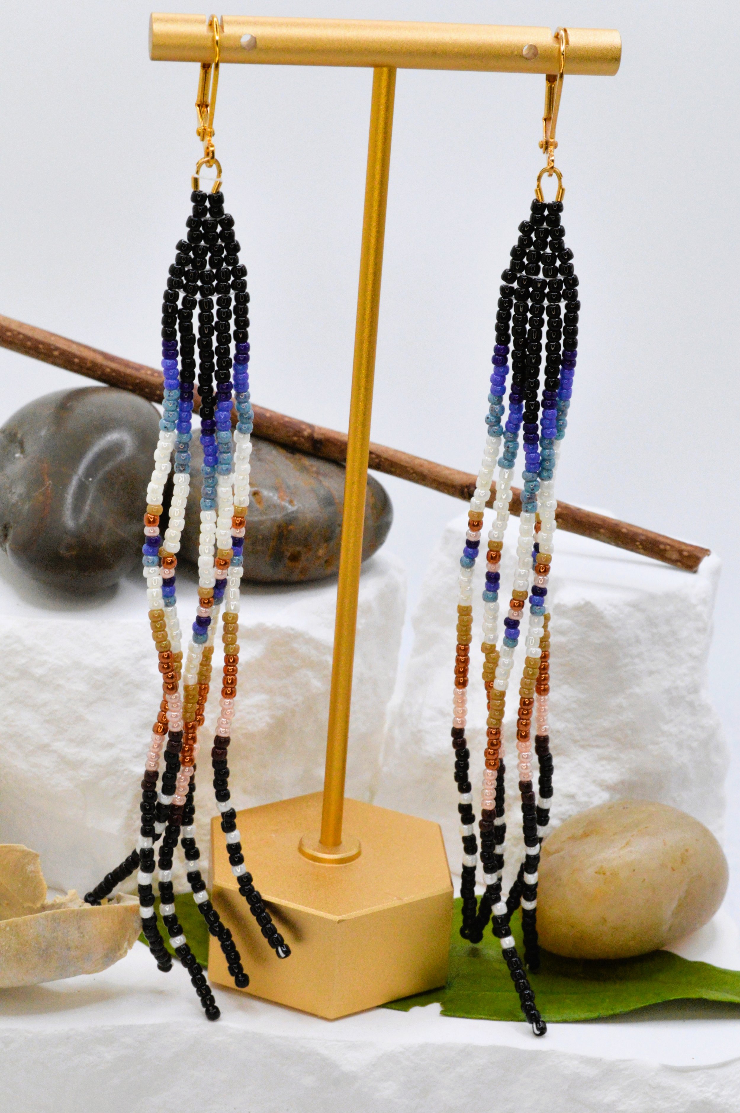 handmade seed bead fringe earrings, black navy teal cream tan terracotta and blush ombre, gold ear wire