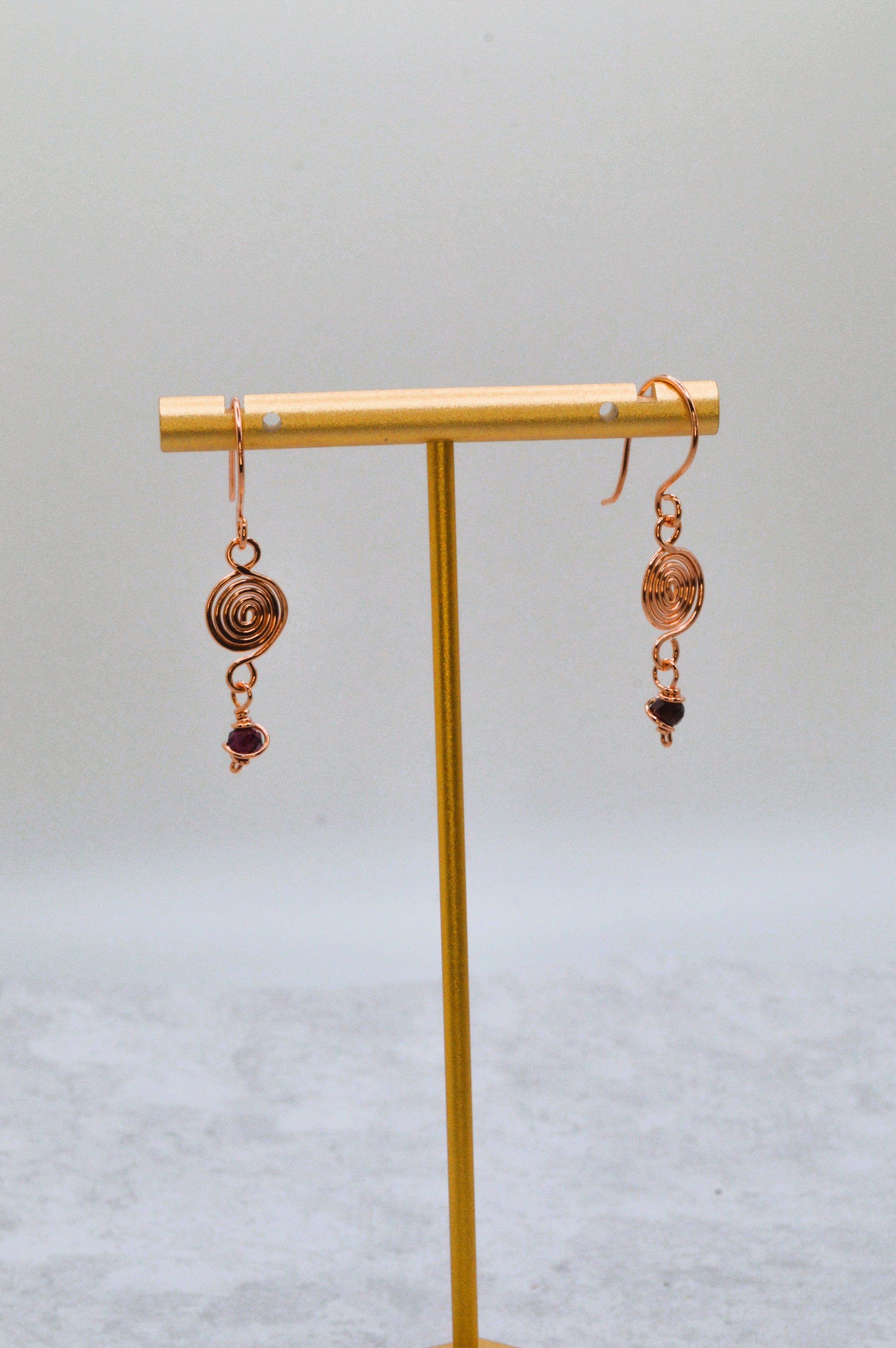 Spirals Handmade Copper and Purple Garnet Gemstone Earrings
