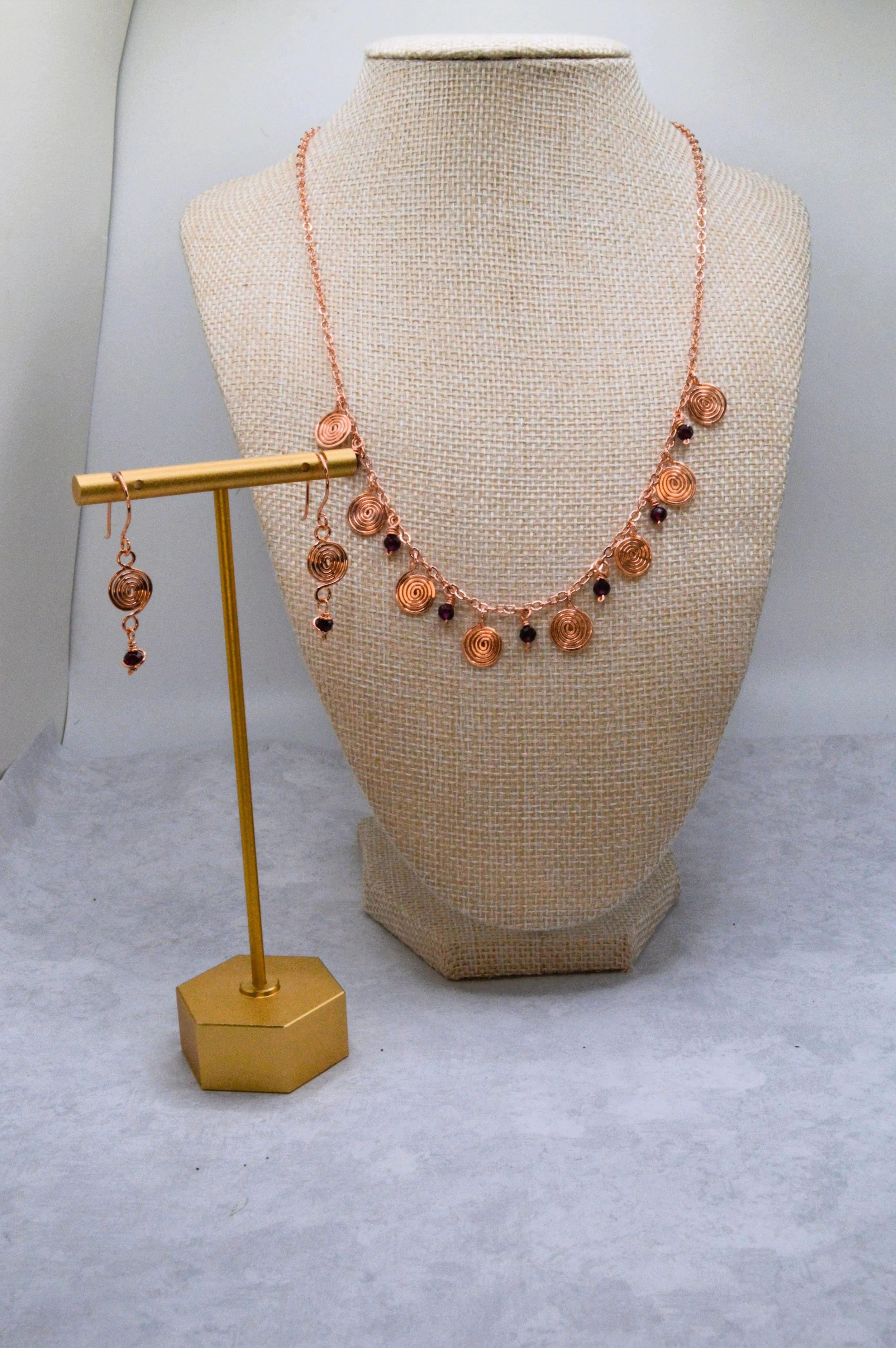 Spirals Handmade Copper Statement Necklace with Purple Garnet Gemstones