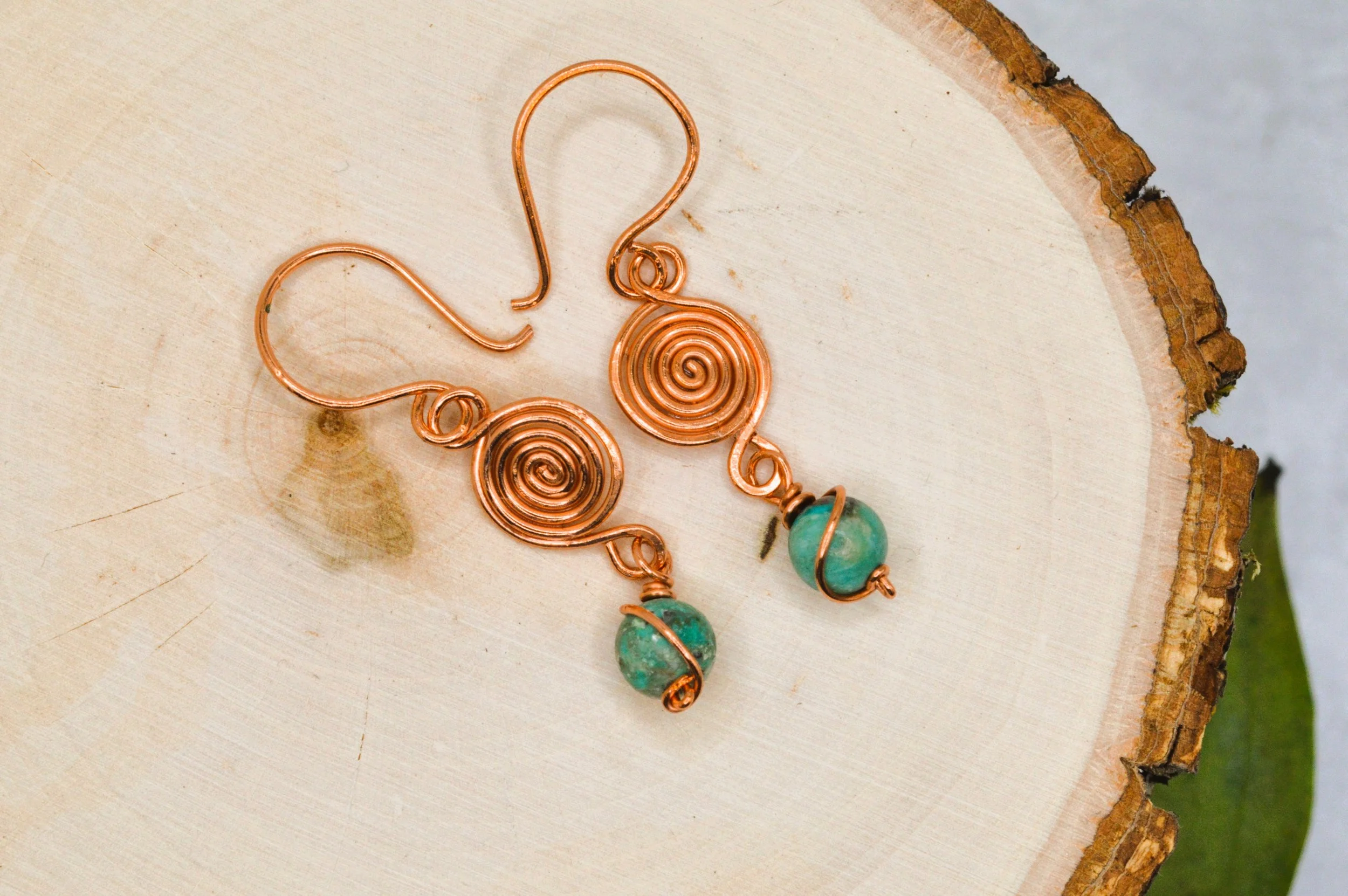 Spirals Handmade Copper Earrings with Peruvian Turquoise Gemstones