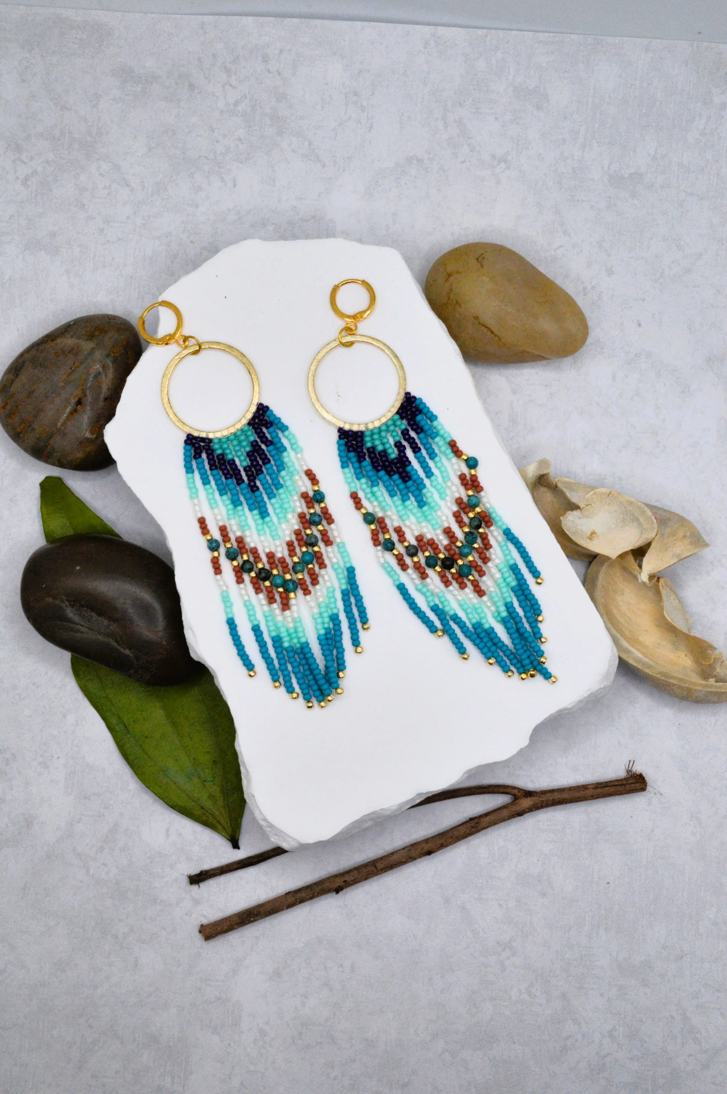 handmade seed bead fringe hoop earrings with turquoise gemstone beads in teal mint navy and rust