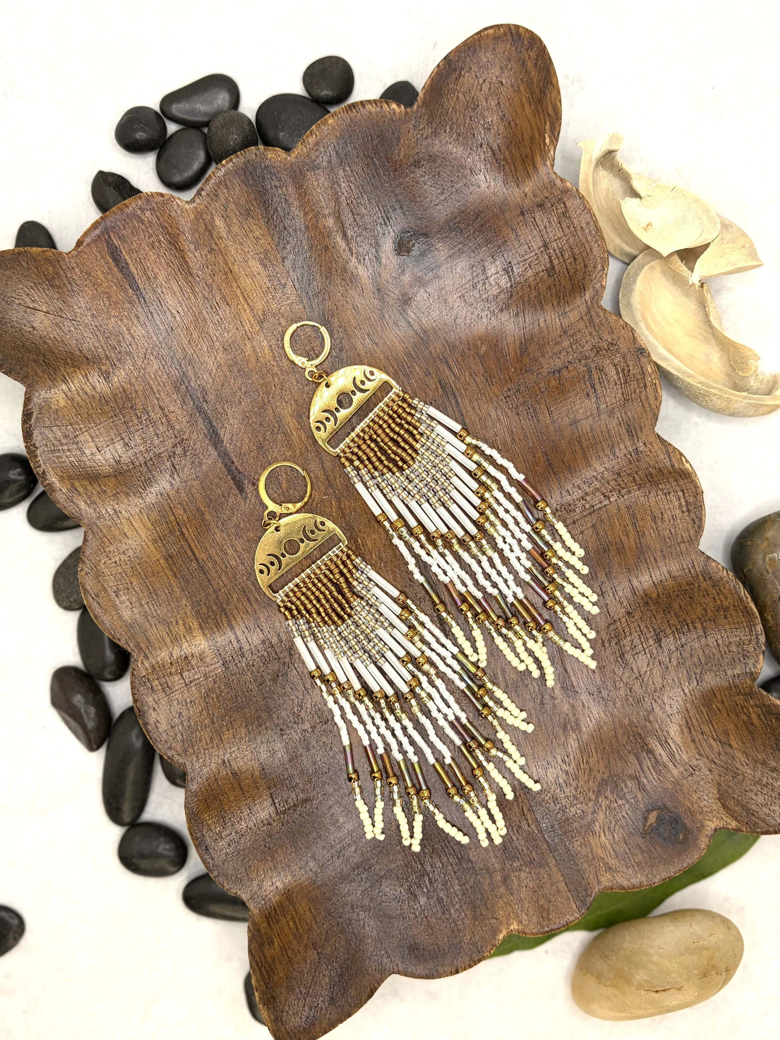 handmade seed bead fringe earrings with brass moon phase charm and cream bronze gold beading
