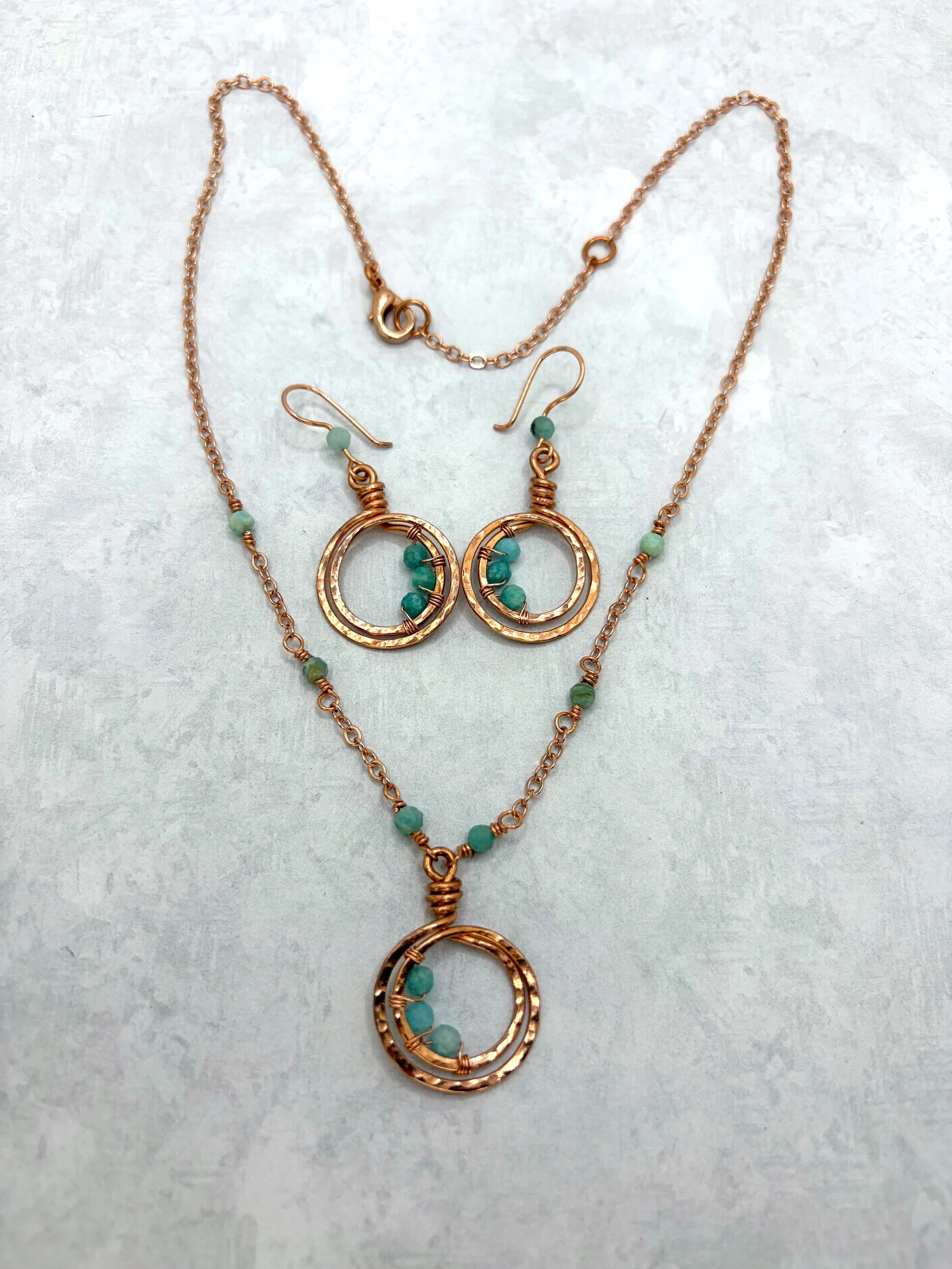 handmade copper and amazonite jewelry set with matching hammered loop necklace and earrings