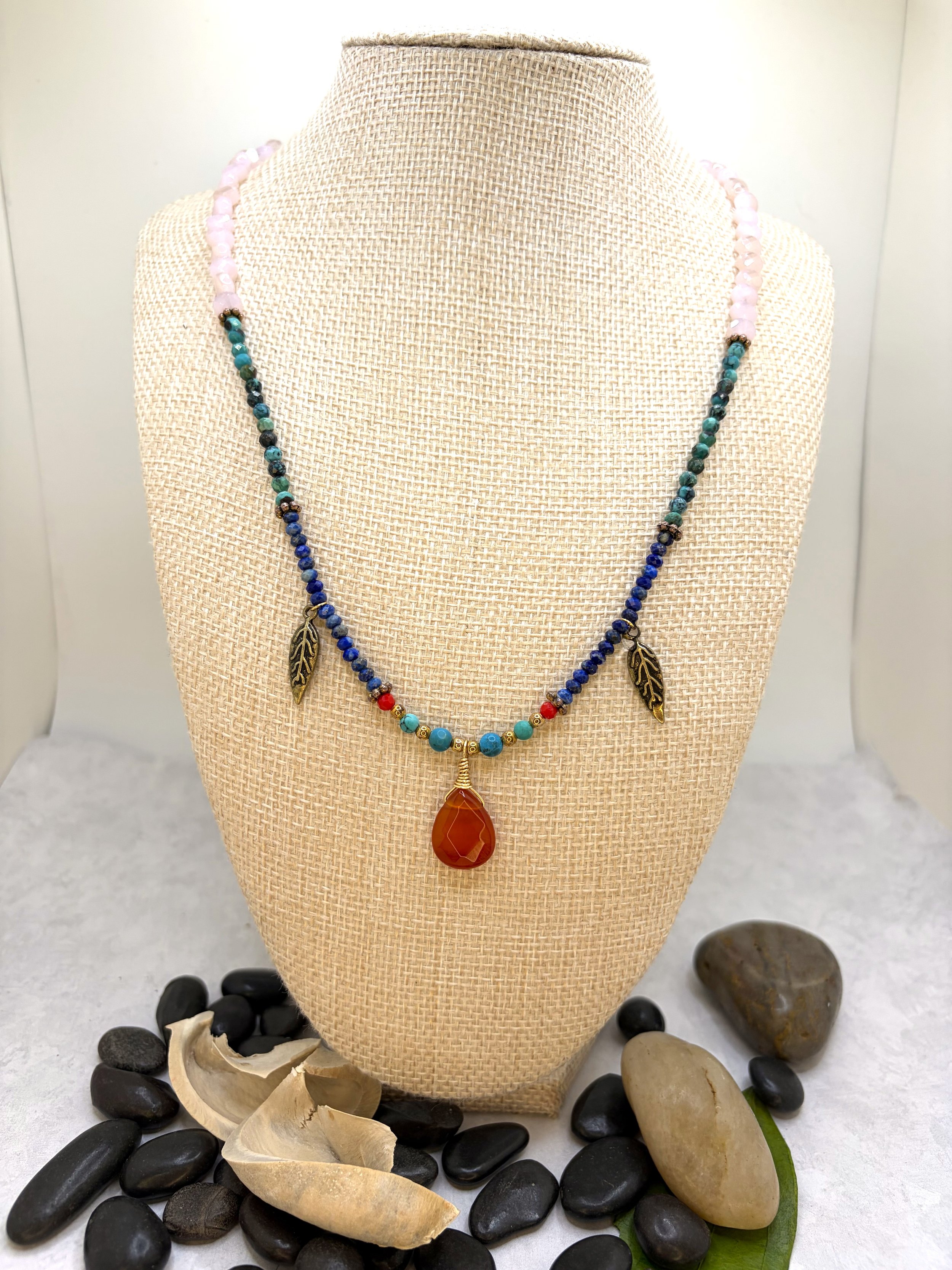 Canyon Sunset — Turquoise and Lapis Lazuli Necklace with Feather and Carnelian Focals