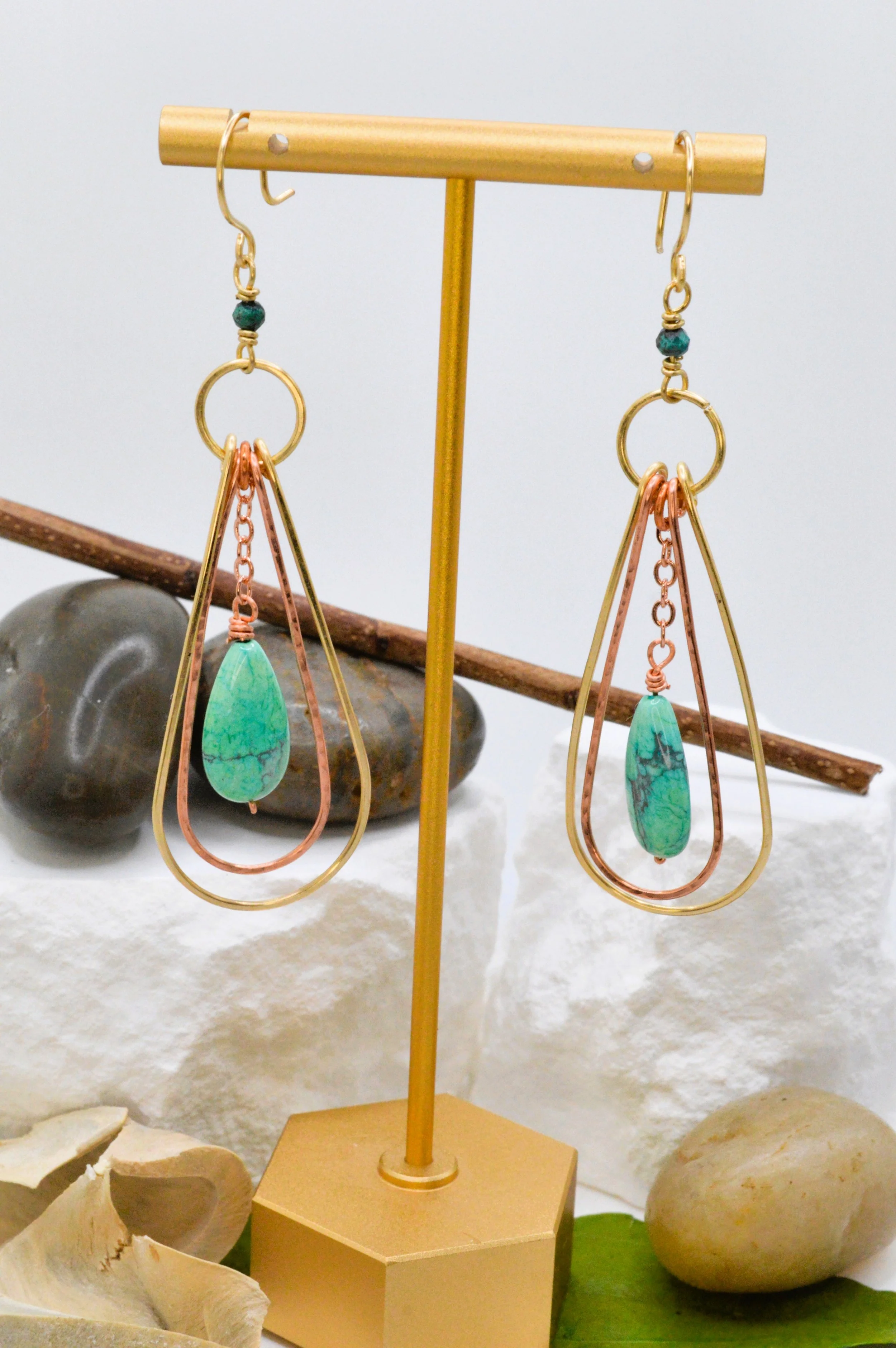 handmade copper and brass teardrop dangle earrings with turquoise bead and chrysocolla accent