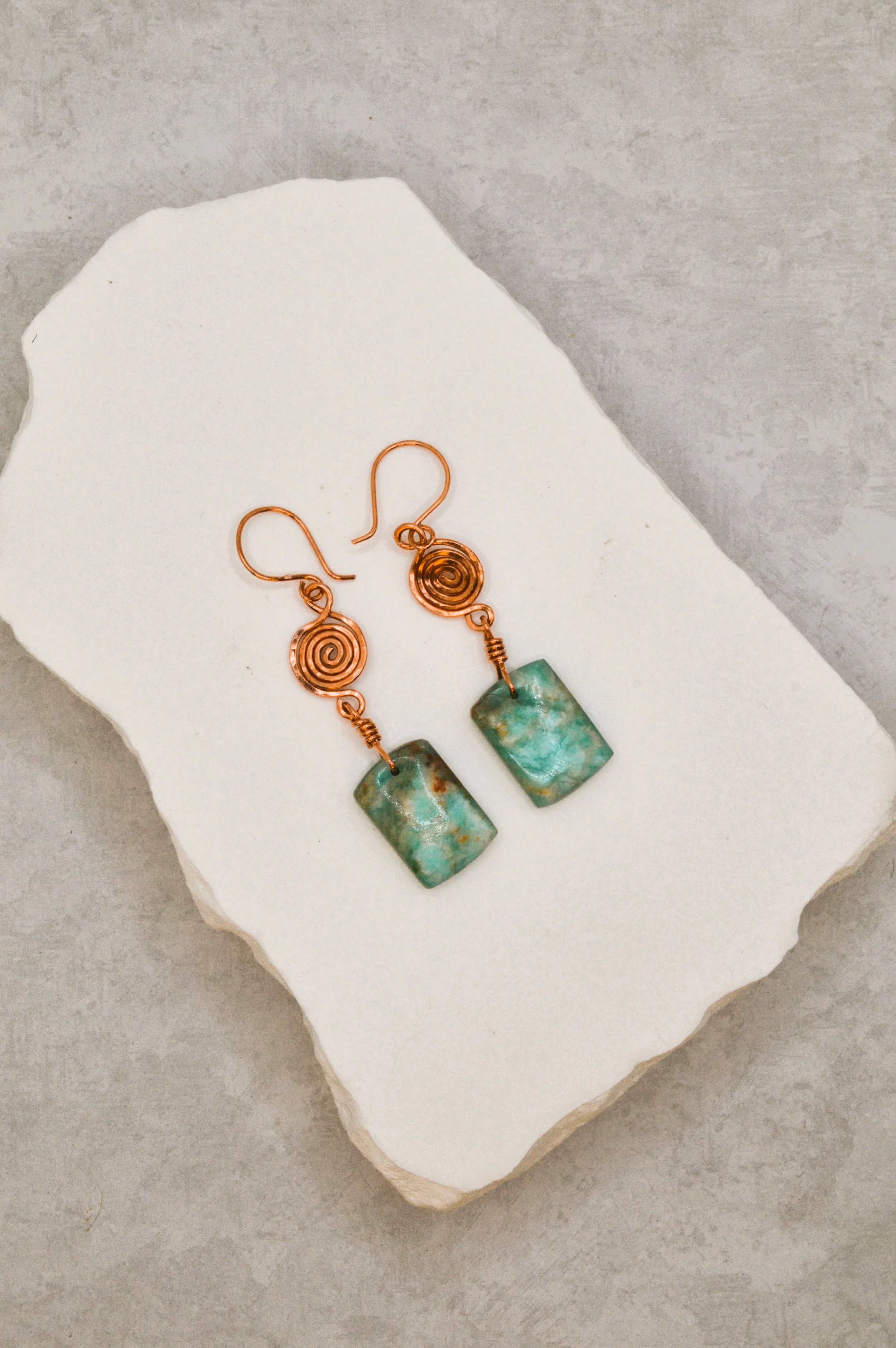 Spirals Handmade Copper and Amazonite Rectangle Drop Gemstone Dangle earrings