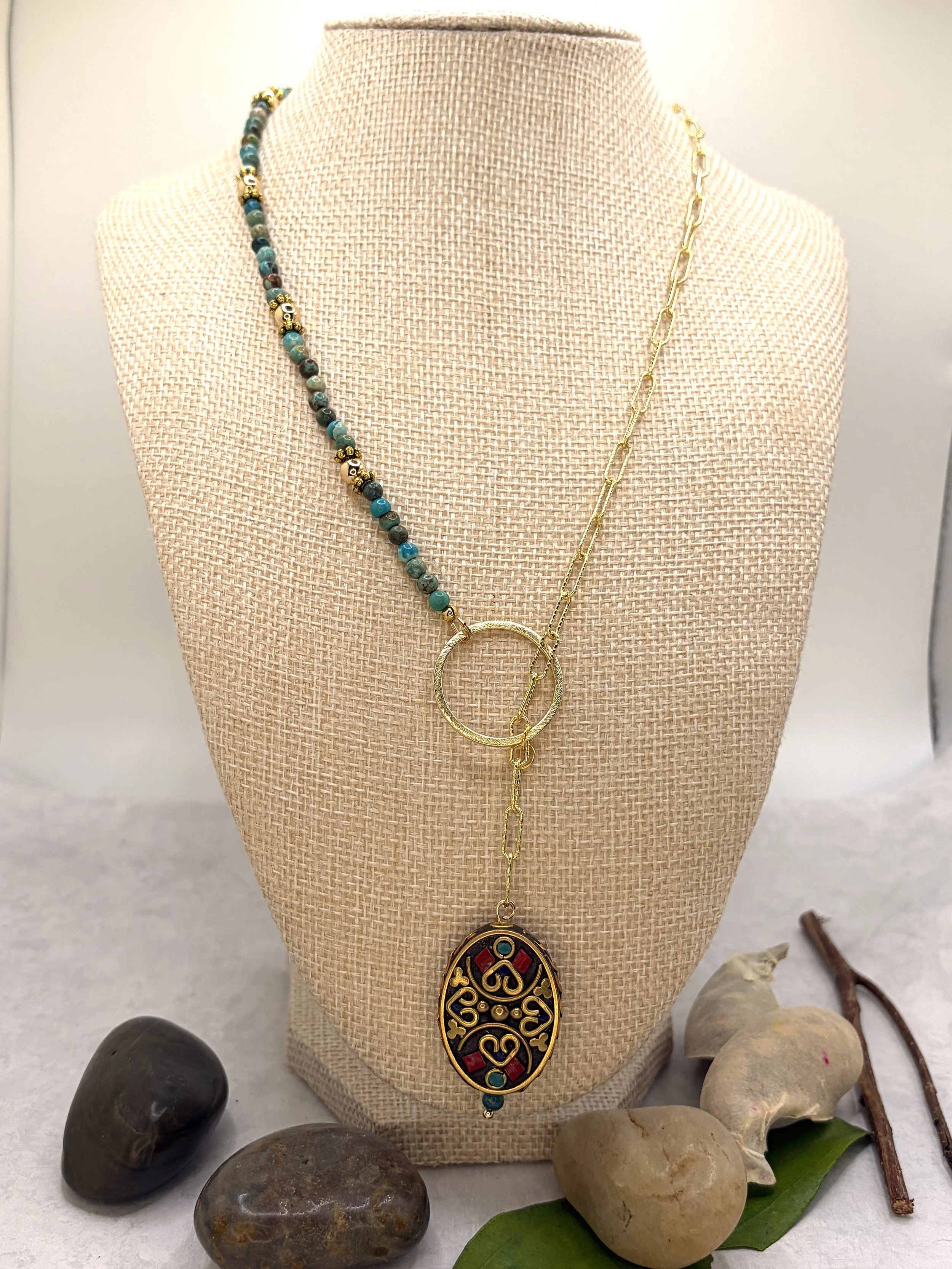 Nomad Pendant Necklace — Tibetan Brass & Turquoise Asymmetrical Necklace
