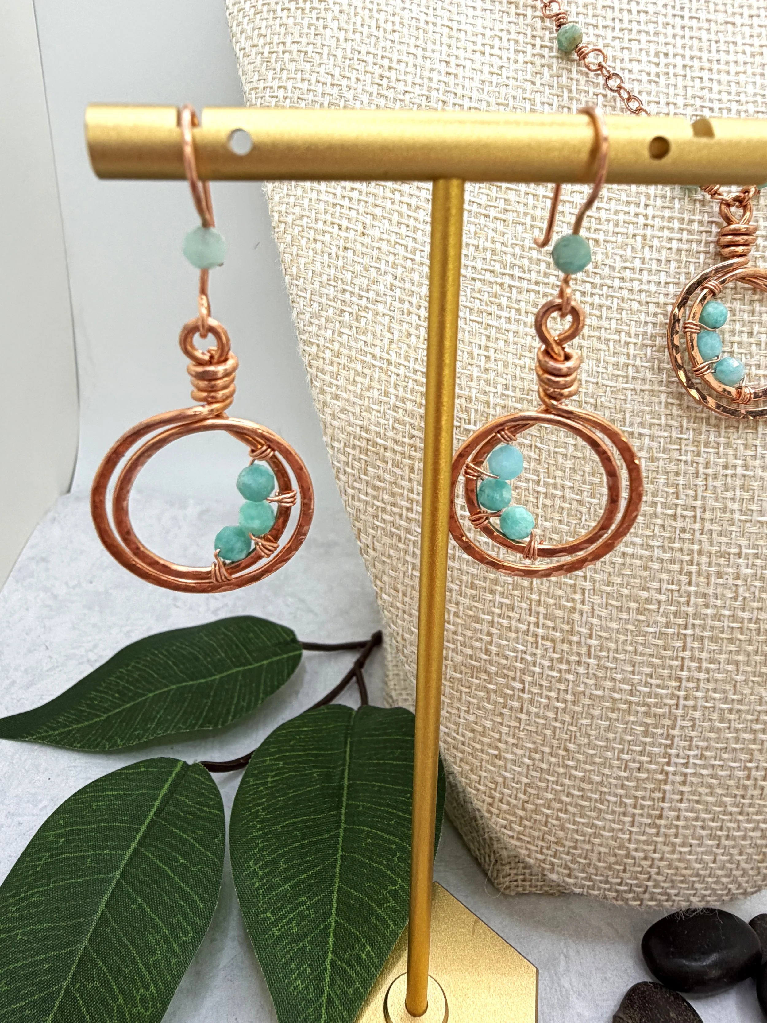 handmade copper and amazonite jewelry set with matching hammered loop necklace and earrings