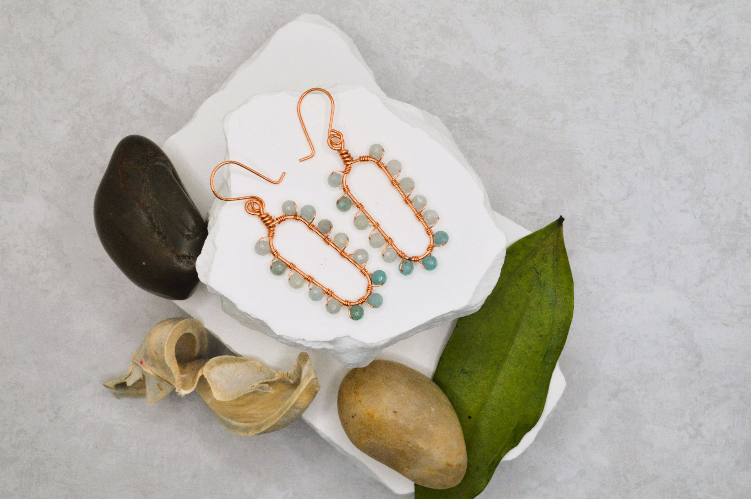 Handmade Oval Copper Hoop Dangle Earrings with Amazonite Stones