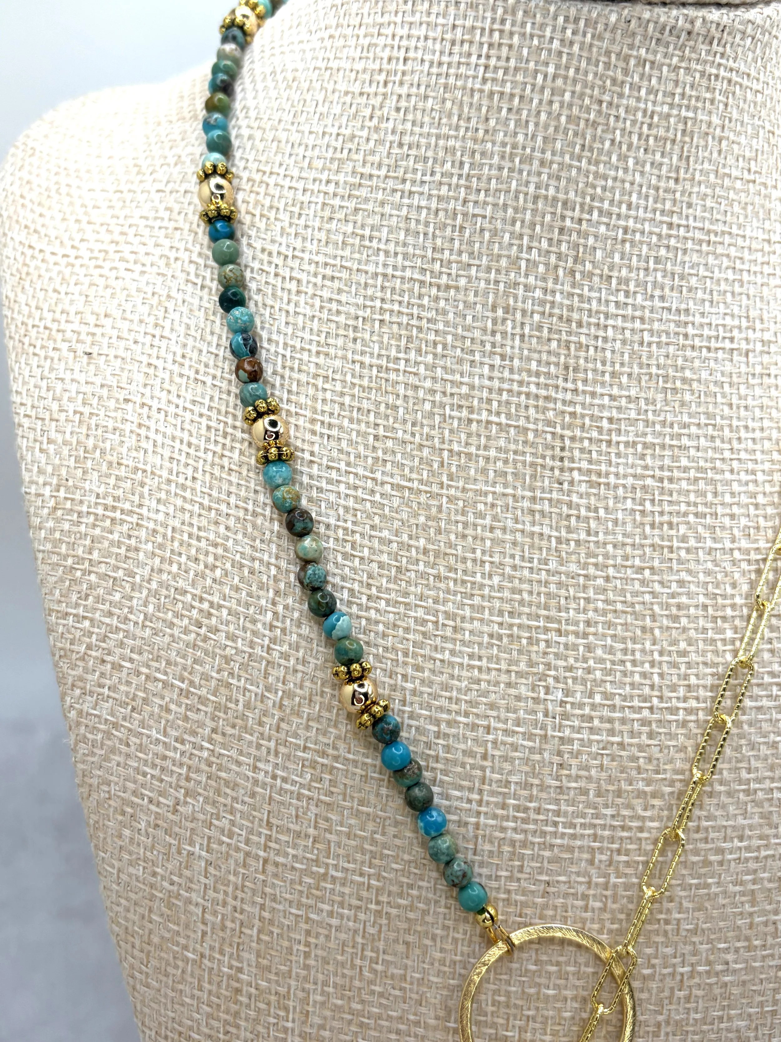 handmade asymmetrical necklace with Tibetan brass turquoise coral lapis inlay pendant and genuine turquoise beading